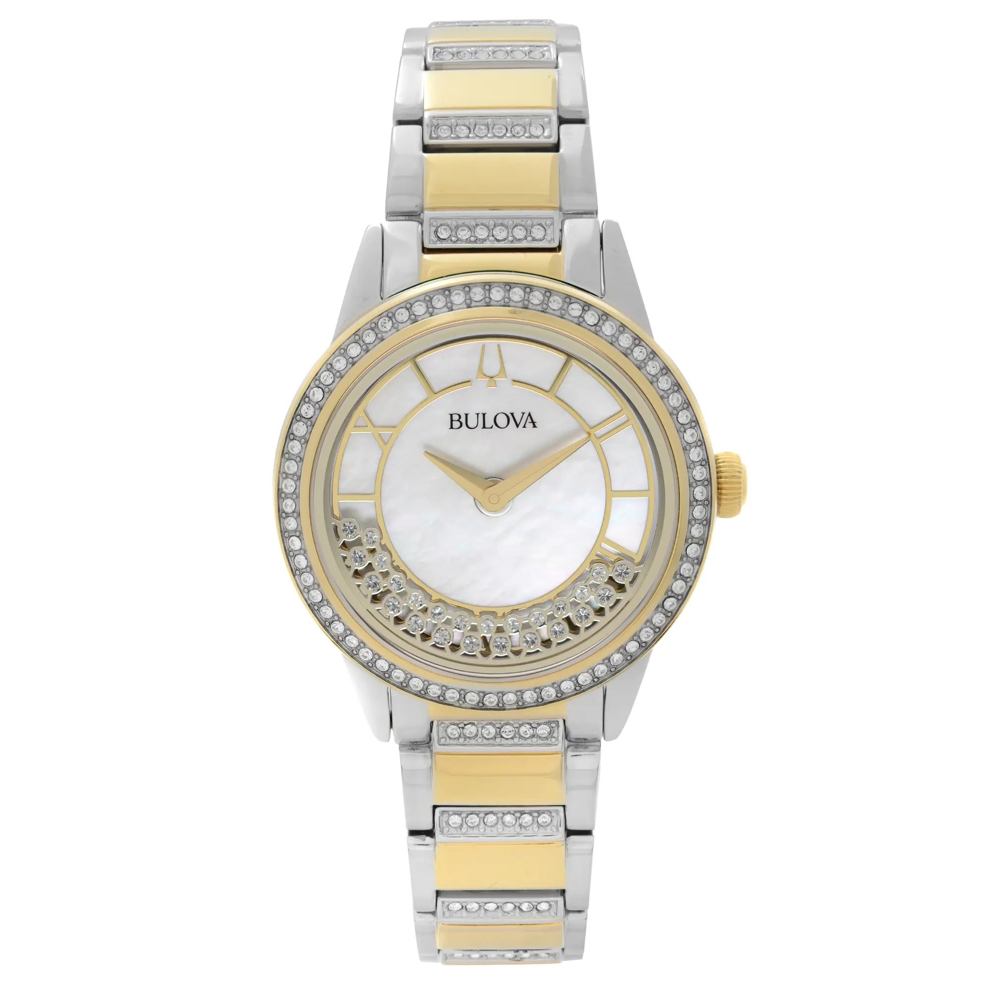 An image of a Bulova women's dress/formal wristwatch in a display model condition, viewed from a full frontal angle. The watch features a round stainless steel case with a gold-tone bezel encrusted with diamonds, and a white mother of pearl dial with Roman numerals, stick indexes, and the Bulova logo at the 12 o'clock position. It has gold-plated stainless steel band accents and a close-up perspective that clearly showcases the watch's design details.