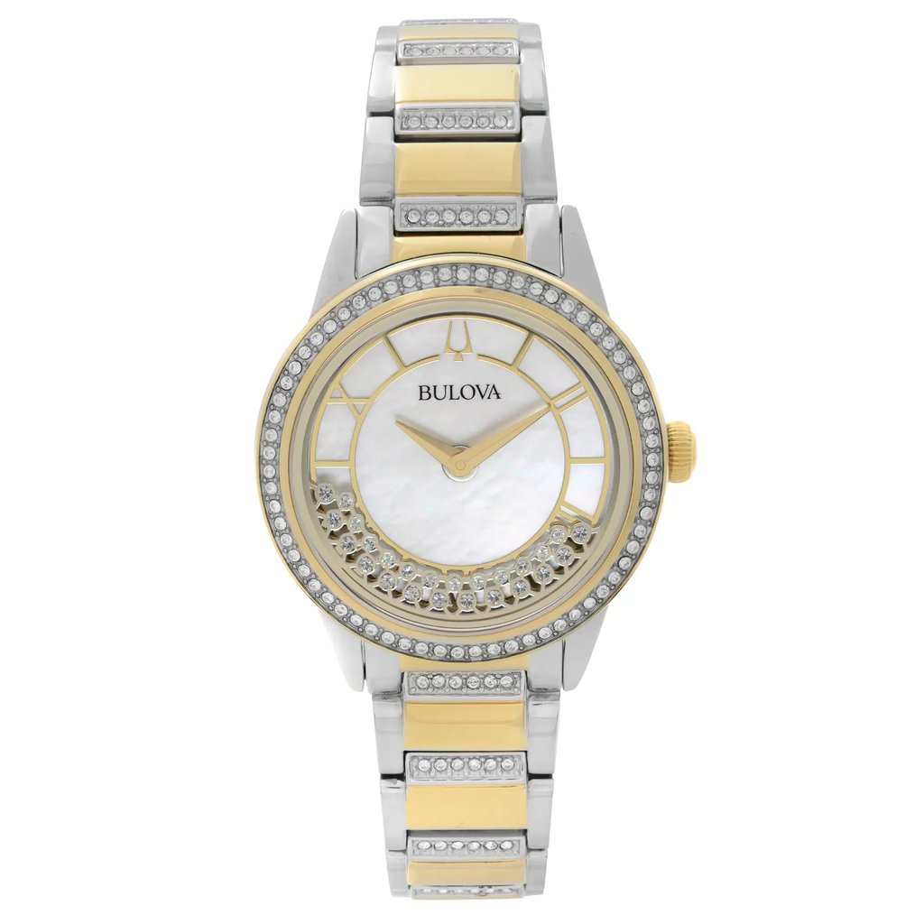 An image of a Bulova women's dress/formal wristwatch in a display model condition, viewed from a full frontal angle. The watch features a round stainless steel case with a gold-tone bezel encrusted with diamonds, and a white mother of pearl dial with Roman numerals, stick indexes, and the Bulova logo at the 12 o'clock position. It has gold-plated stainless steel band accents and a close-up perspective that clearly showcases the watch's design details.