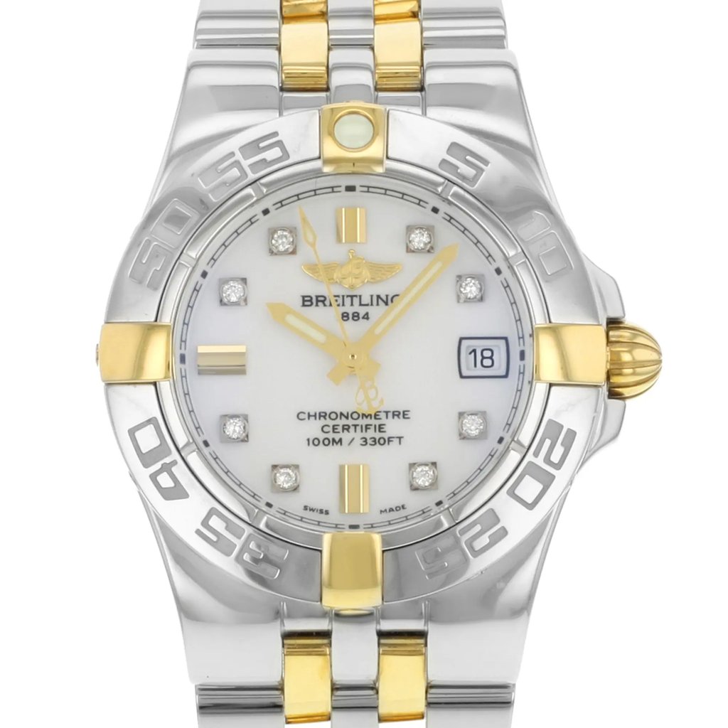 Up Close Front Facing Picture Of Breitling B71340 Stainless Steel Watch Pre Owned Condition
