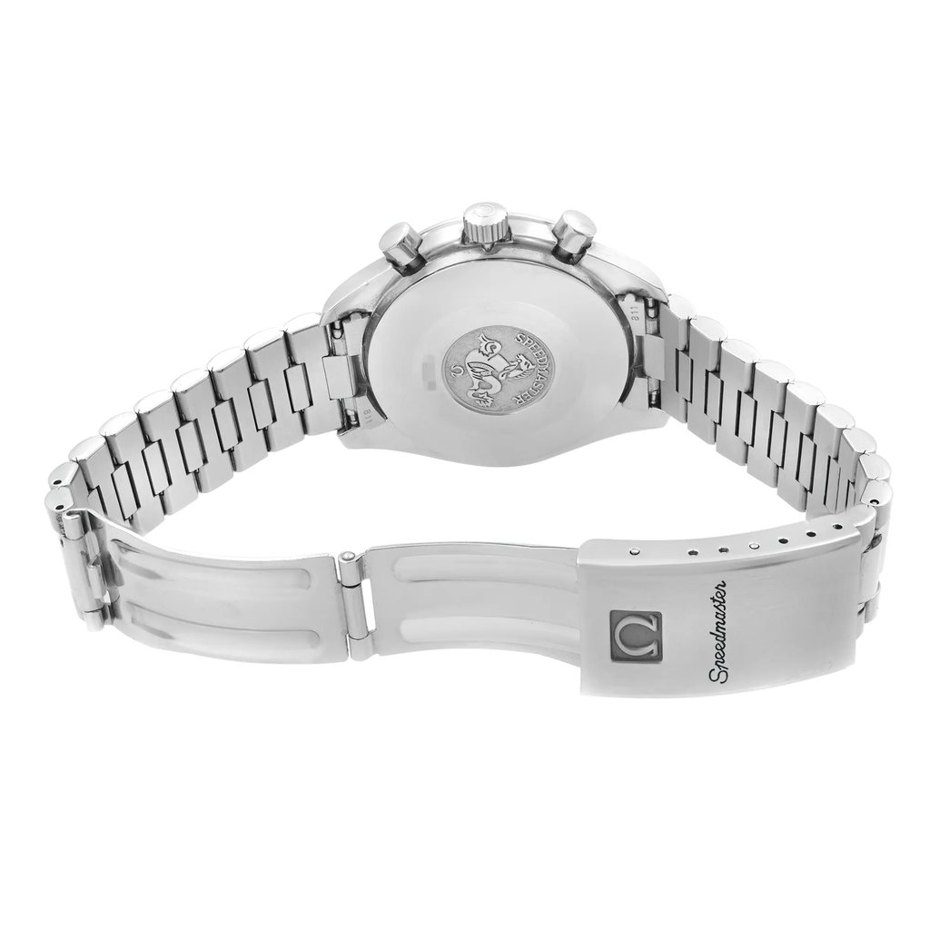 Back View Of Solid Back Case And Open Stainless Steel Band Of OMEGA 3510.50.00 Watch Pre Owned Condition