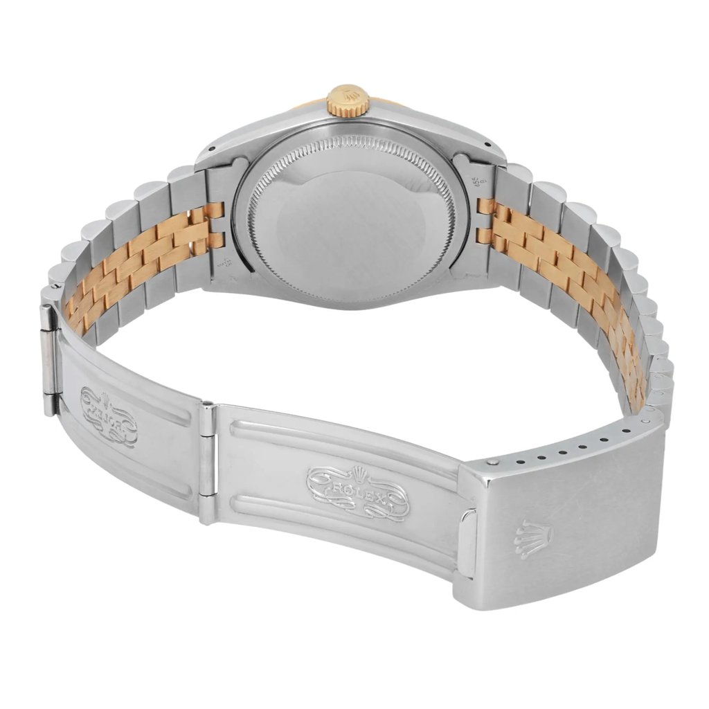 Back View Of Screwback Back Case And Open Stainless Steel,Yellow Gold Band Of Rolex 16233 Watch Pre Owned Condition