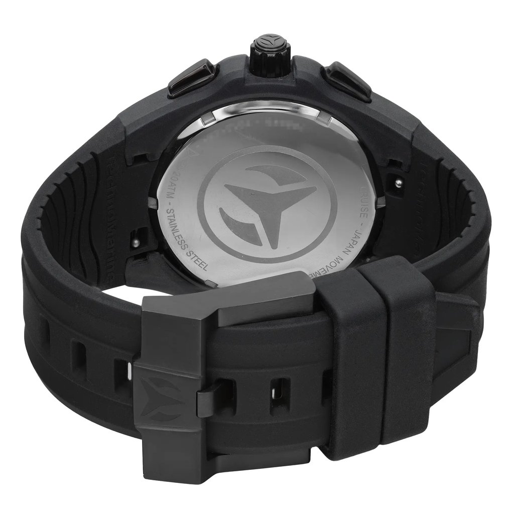 An image of a Wristwatch by TechnoMarine. This Pre Owned item is designed for Men, featuring a Sport style. It has a Quartz movement and an Analog display with a Black dial color. The indices include 12-Hour Dial. The band is made of Rubber and the case is made of Stainless Steel. The watch has a Round shape with a case size of 45 mm and a case thickness of 13.5 mm.