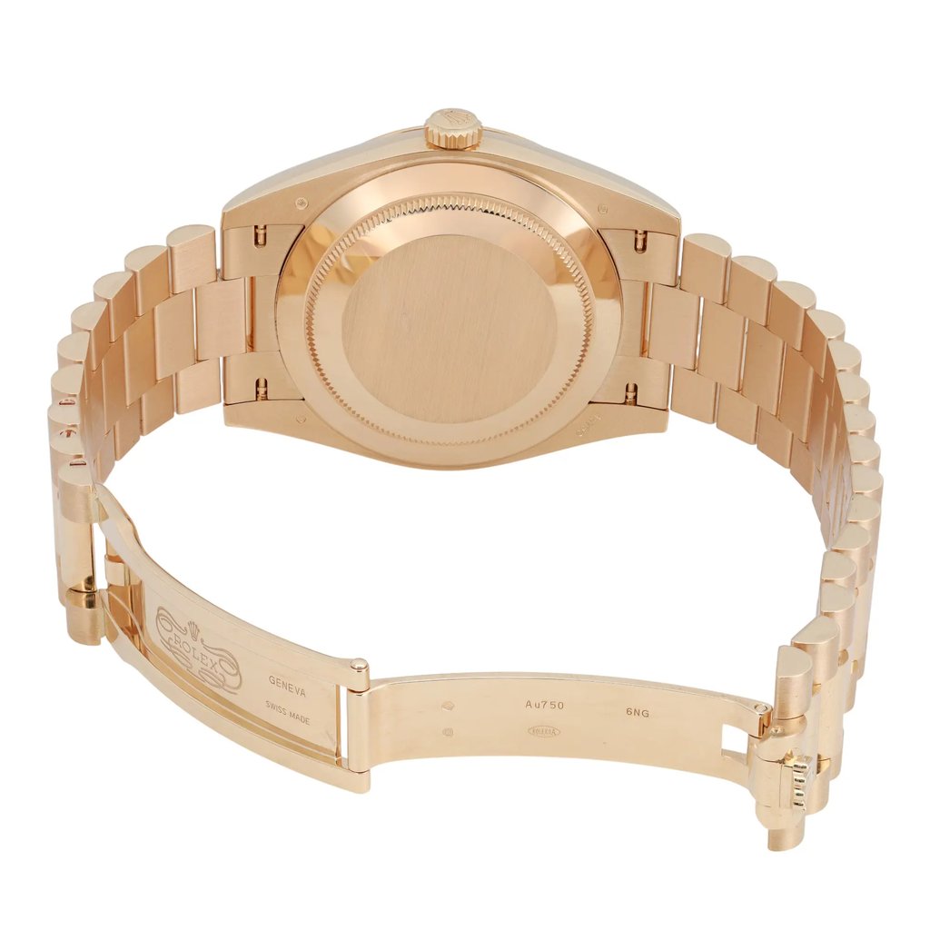 Back View Of Solid Back Case And Open Yellow Gold Band Of Rolex 228238 Watch Seller Refurbished Condition