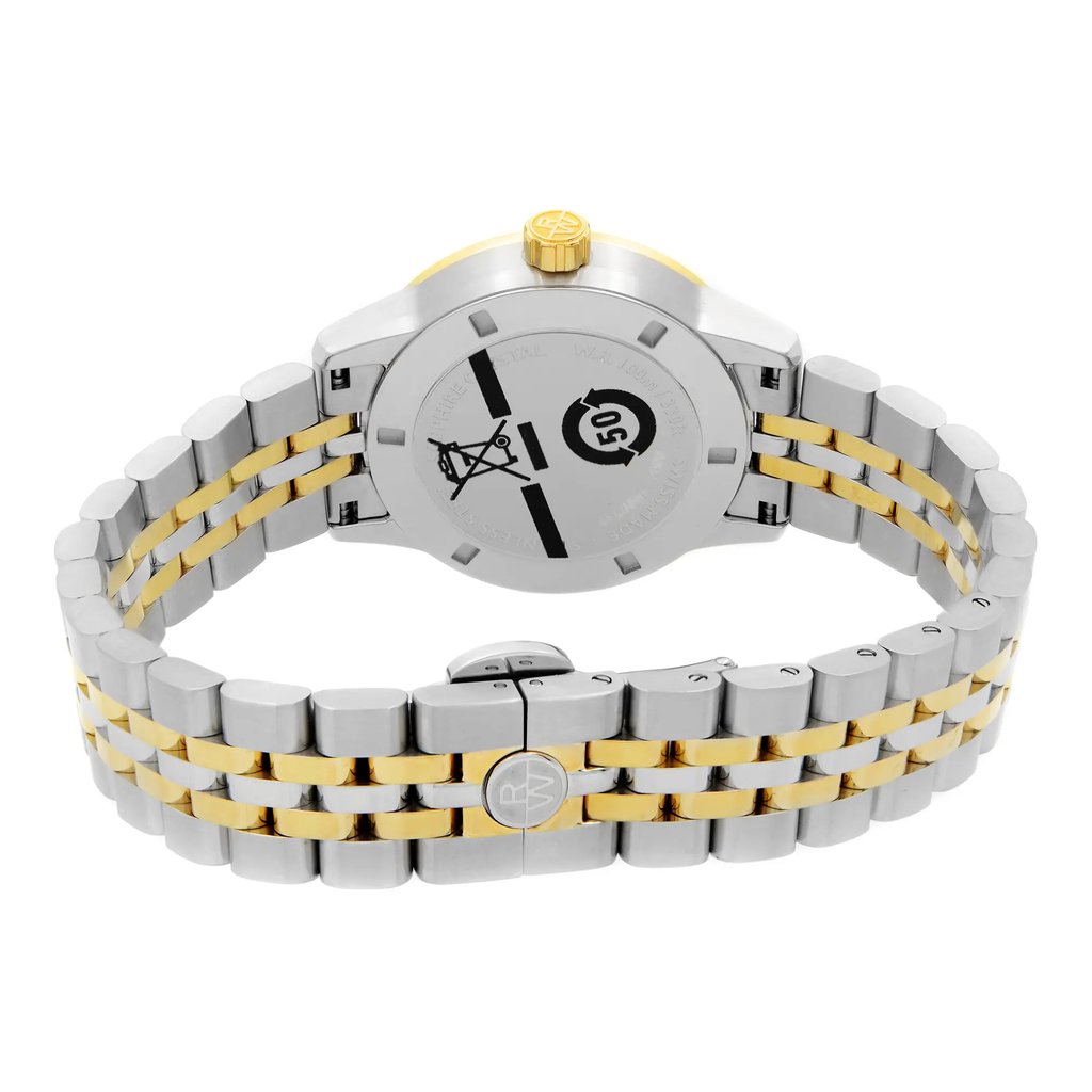 Back View Of Screwback Back Case And Closed Stainless Steel Band Of RAYMOND WEIL 5634-STP-97021 Watch Unworn Condition