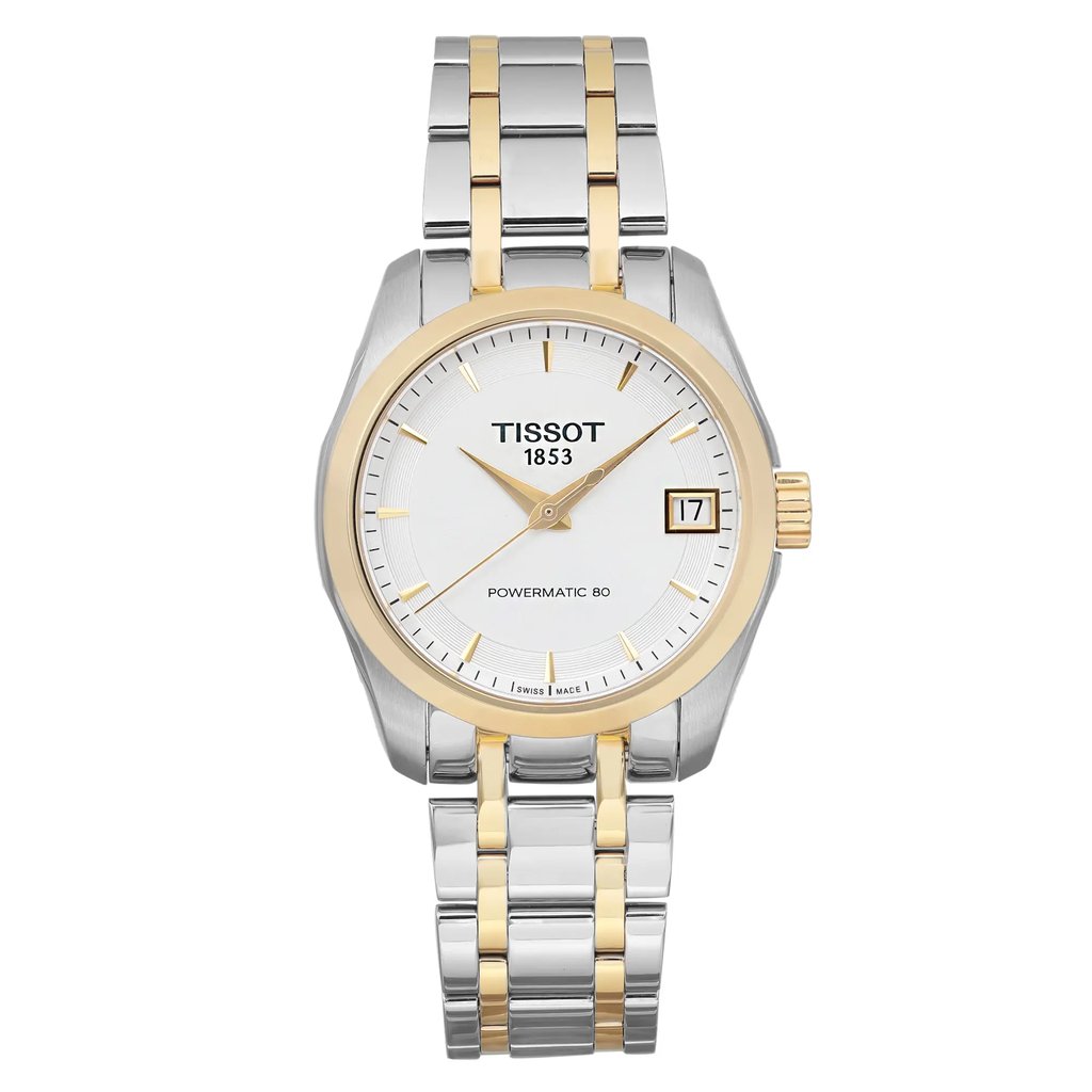 An image of a Wristwatch by Tissot. This Display Model item is designed for Women, featuring a Dress/Formal style. It has a Mechanical (Automatic) movement and an Analog display with a Silver dial color. The indices include 12-Hour Dial,Stick Indexes. The band is made of Stainless Steel and the case is made of Stainless Steel. The watch has a Round shape with a case size of 33 mm and a case thickness of 10 mm.
