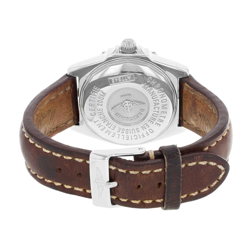 Back View Of {Caseback} Back Case And Closed Leather Band Of Breitling A77346 Watch Pre Owned Condition