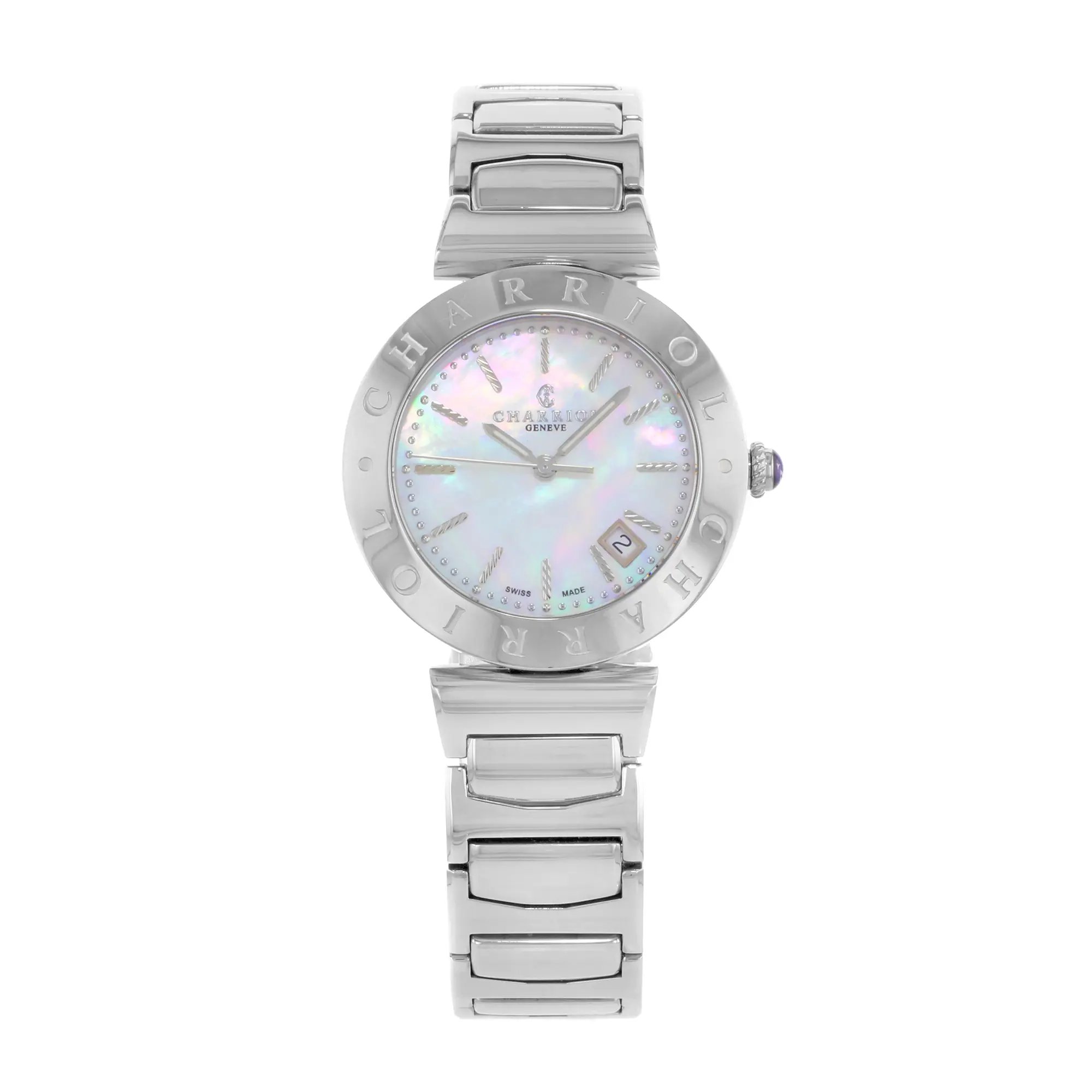 An image of a Wristwatch by Charriol. This Display Model item is designed for Women, featuring a Dress/Formal style. It has a Quartz movement and an Analog display with a White Mother Of Pearl dial color. The indices include Sticks. The band is made of Stainless Steel and the case is made of Stainless Steel. The watch has a Round shape with a case size of 34 mm and a case thickness of 8 mm.