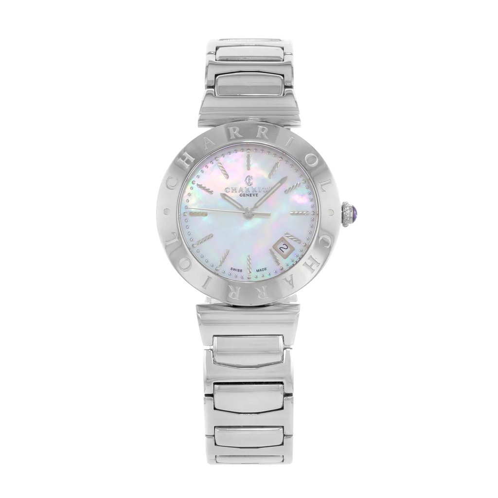 An image of a Wristwatch by Charriol. This Display Model item is designed for Women, featuring a Dress/Formal style. It has a Quartz movement and an Analog display with a White Mother Of Pearl dial color. The indices include Sticks. The band is made of Stainless Steel and the case is made of Stainless Steel. The watch has a Round shape with a case size of 34 mm and a case thickness of 8 mm.