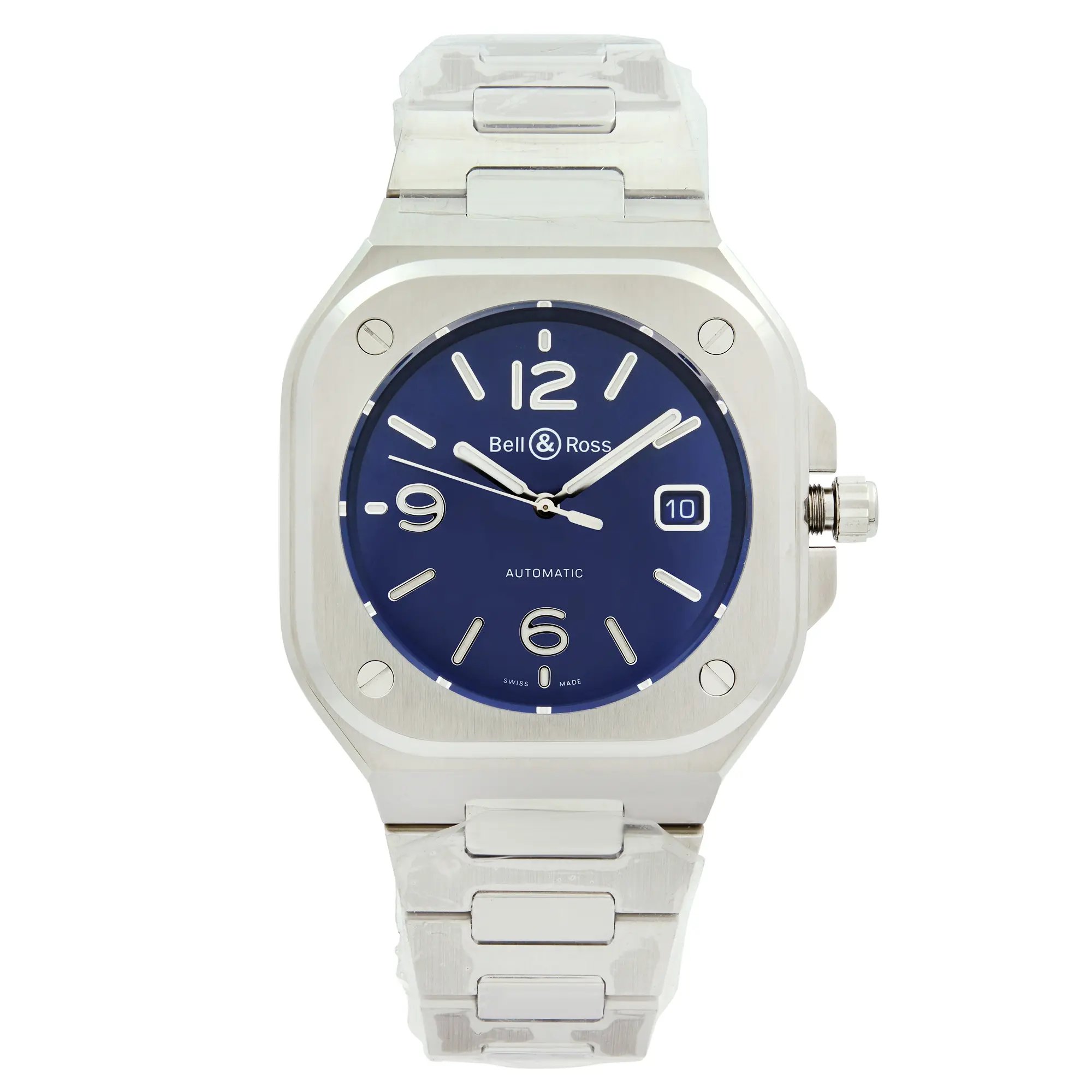 An image of a men's Bell & Ross wristwatch in a display model condition, shown in a full frontal view. The watch has a luxurious and formal style with a cushion-shaped stainless steel case and band. It features a blue dial with white Arabic numerals at 12, 6, and 9 o'clock positions, alongside non-numeric hour marks for the other indices. The hands of the watch are visible and pointing slightly towards the 10 and 2 o'clock positions, suggesting the time is approximately ten past ten. There is also a date display at the 3 o'clock position. The watch is positioned directly facing the camera, with equal distance from all sides, providing a clear and symmetrical view of its features. This watch was never worn.