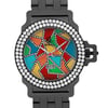 An image of a pre-owned wristwatch shown in a front close-up shot. The watch face features a colorful mosaic design with various geometric shapes in red, blue, green, yellow, and orange. The watch has a silver-tone bezel encrusted with two rows of sparkling stones. Silver hour and minute hands, along with a red second hand, are visible. The date display is positioned at the 6 o'clock mark. The watch is set against a sleek, dark metal bracelet.