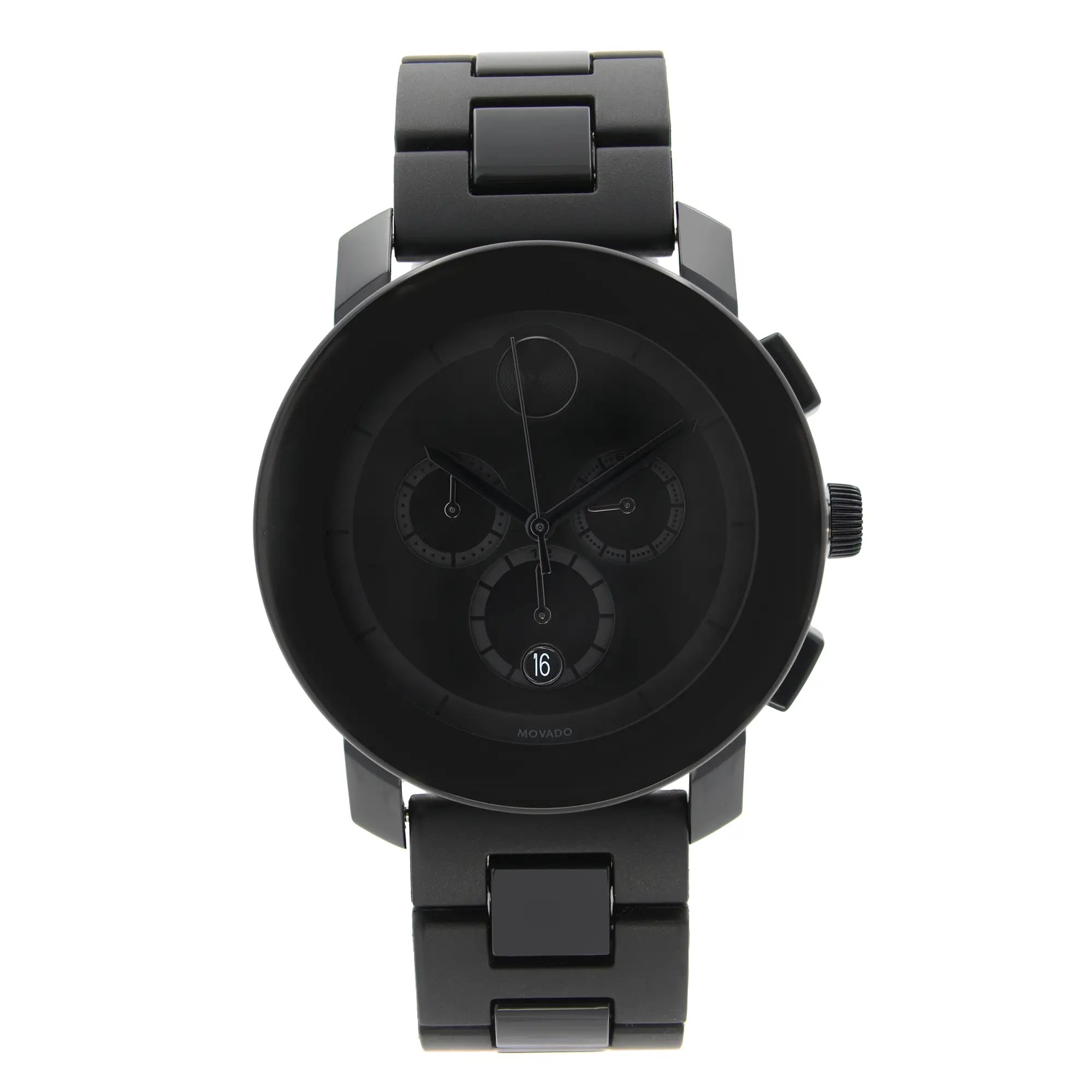 An image of a Wristwatch by Movado. This Pre Owned item is designed for Men, featuring a Casual,Dress/Formal style. It has a Quartz movement and an Analog display with a Black dial color. The indices include 12-Hour Dial,Multi Dial,Non-Numeric Hour Marks. The band is made of Plastic,Resin,Stainless Steel and the case is made of Plastic,Stainless Steel. The watch has a Round shape with a case size of 43 mm and a case thickness of 11 mm.