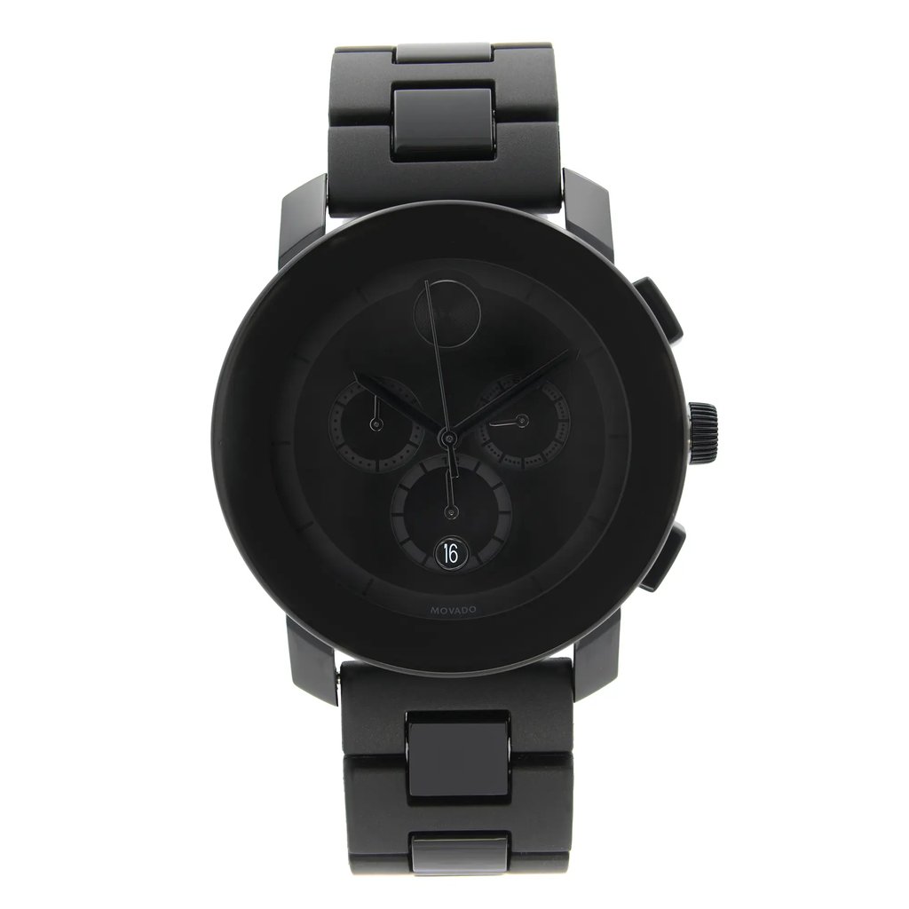 An image of a Wristwatch by Movado. This Pre Owned item is designed for Men, featuring a Casual,Dress/Formal style. It has a Quartz movement and an Analog display with a Black dial color. The indices include 12-Hour Dial,Multi Dial,Non-Numeric Hour Marks. The band is made of Plastic,Resin,Stainless Steel and the case is made of Plastic,Stainless Steel. The watch has a Round shape with a case size of 43 mm and a case thickness of 11 mm.