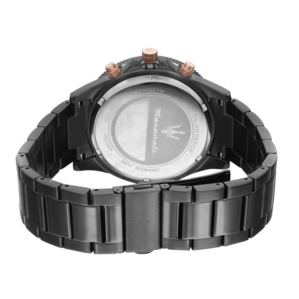 Back View Of Screwback Back Case And Closed Stainless Steel Band Of Maserati R8873640001 Watch New With Defects Condition