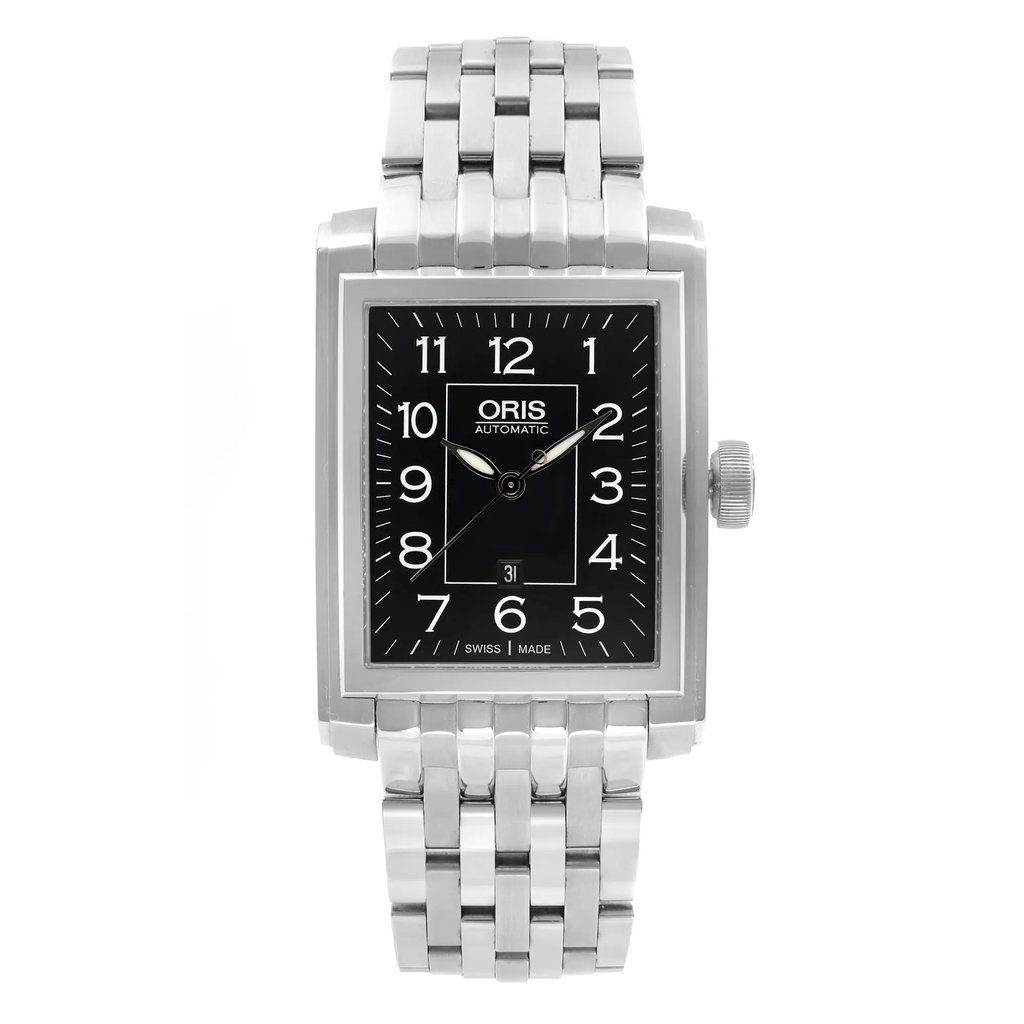 An image of a Wristwatch by Oris. This Display Model item is designed for Men, featuring a Luxury style. It has a Mechanical (Automatic) movement and an Analog display with a Black dial color. The indices include Arabic Numerals. The band is made of Stainless Steel and the case is made of Stainless Steel. The watch has a Rectangle shape with a case size of 25 mm and a case thickness of 11 mm.