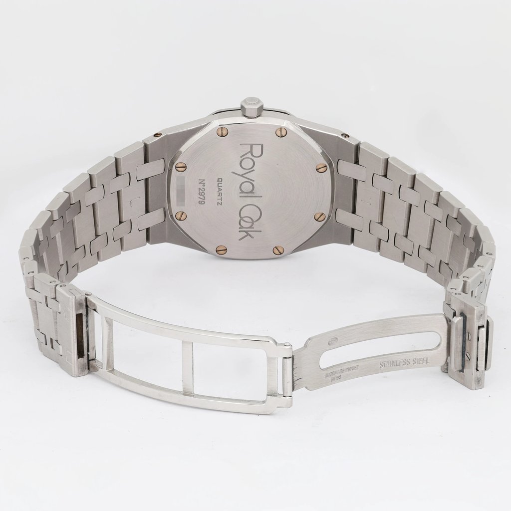 Back View Of Screwback Back Case And Open Stainless Steel Band Of Audemars Piguet Royal Oak Watch Pre Owned Condition