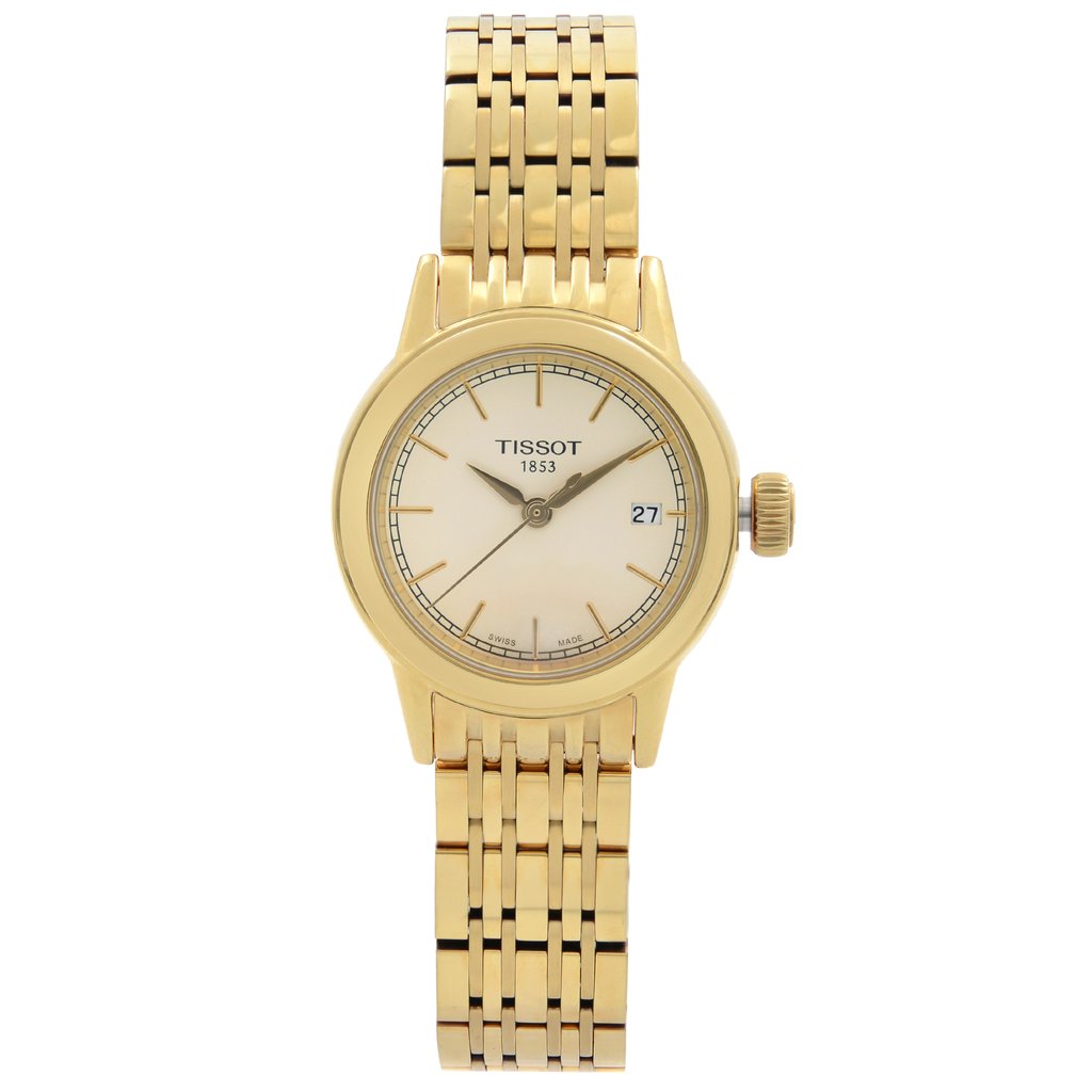 An image of a Wristwatch by Tissot. This Pre Owned item is designed for Women, featuring a Dress/Formal style. It has a Quartz movement and an Analog display with a Beige dial color. The indices include 12-Hour Dial,Stick Indexes. The band is made of Stainless Steel and the case is made of Stainless Steel. The watch has a Round shape with a case size of 29 mm and a case thickness of 9 mm.