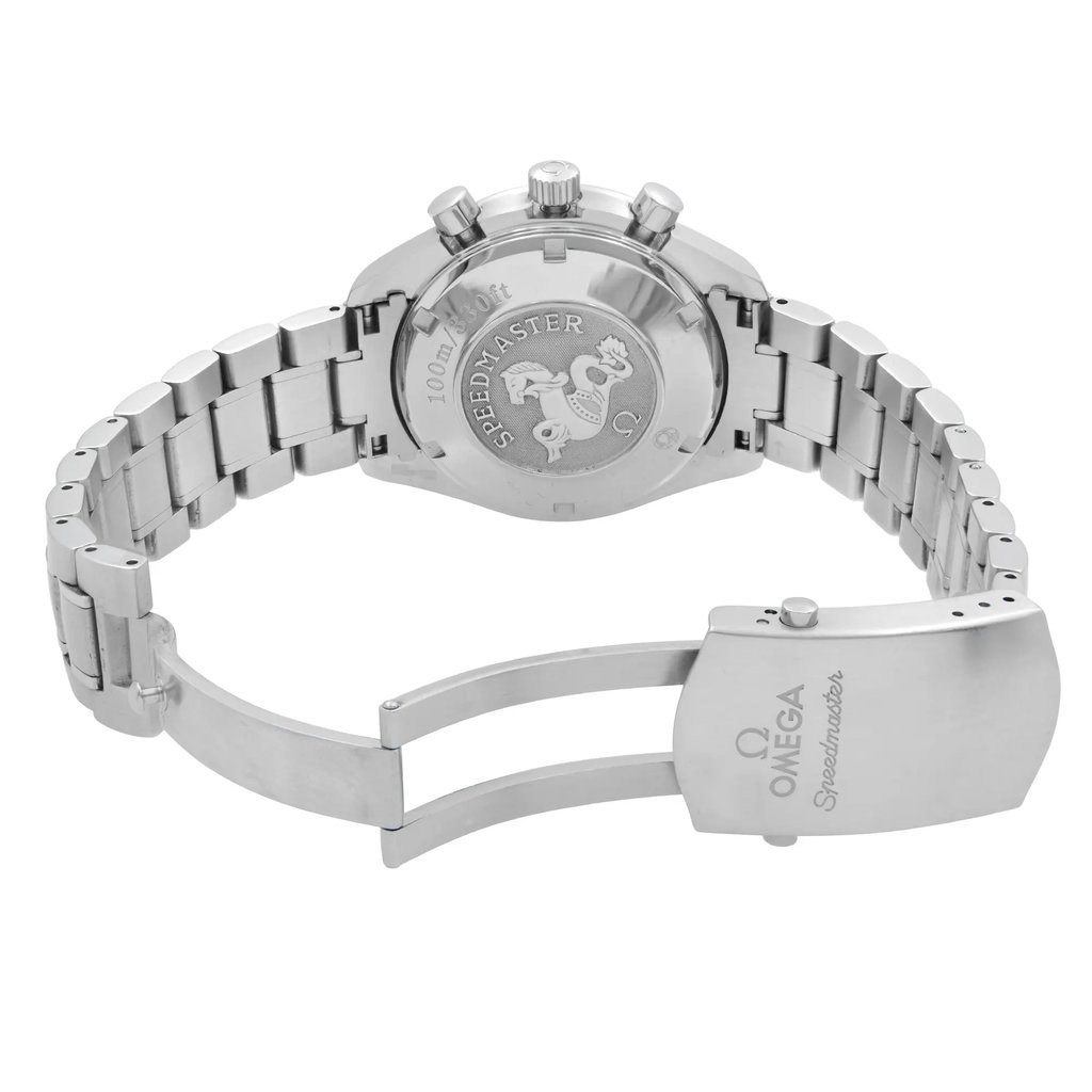 Back View Of Solid Back Case And Open Stainless Steel Band Of OMEGA 3220.50.00 Watch Pre Owned Condition