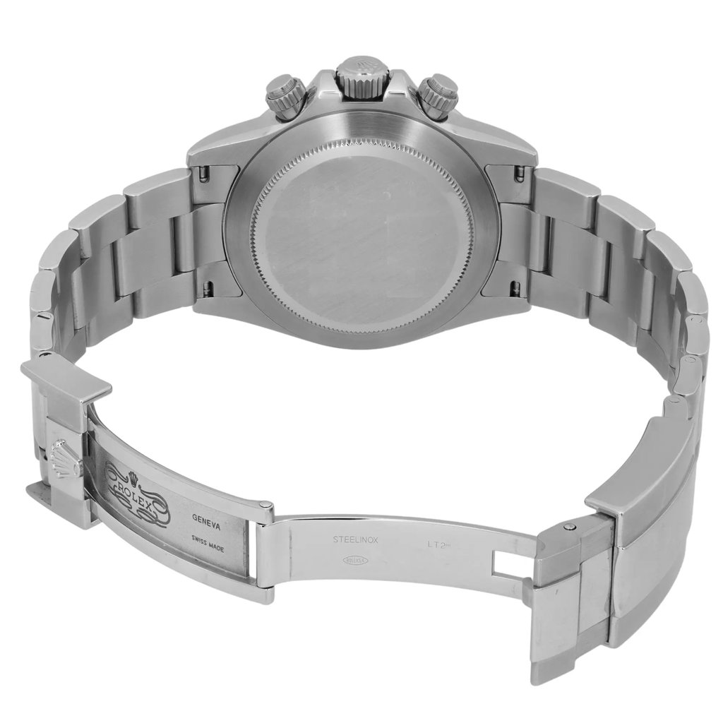 Back View Of Screwback Back Case And Open Stainless Steel Band Of Rolex 116520 Watch Pre Owned Condition