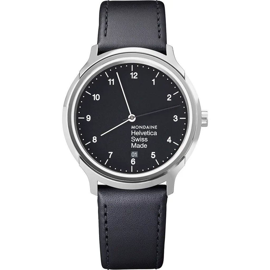 An image of a Wristwatch by Mondaine. This Display Model item is designed for Men, featuring a Casual style. It has a Quartz movement and an Analog display with a Black dial color. The indices include 12-Hour Dial,Arabic Numerals,Seconds Hand. The band is made of Leather and the case is made of Stainless Steel. The watch has a Round shape with a case size of 40 mm and a case thickness of 9 mm.