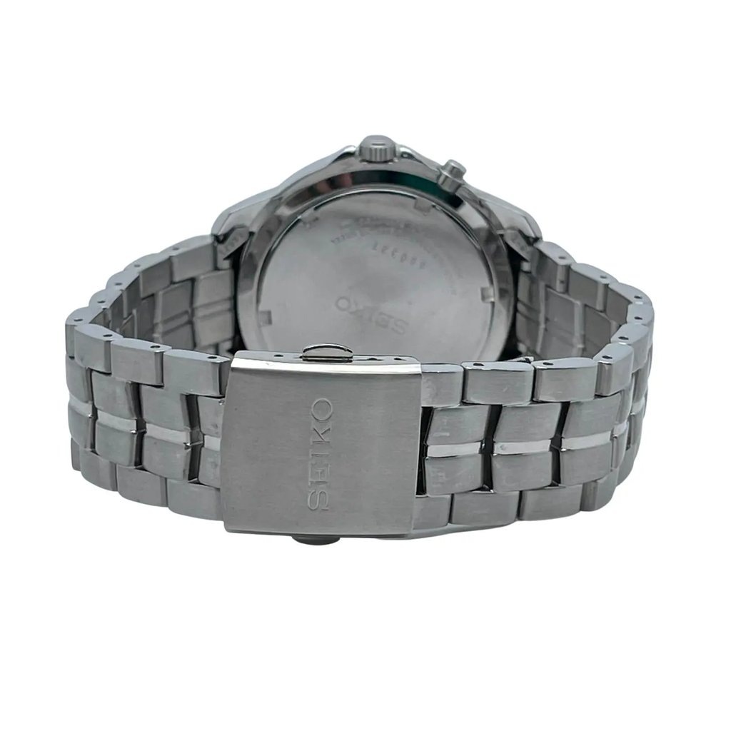 Back View Of Solid Back Case And Closed Stainless Steel Band Of Seiko SNQ085 Watch Pre Owned Condition