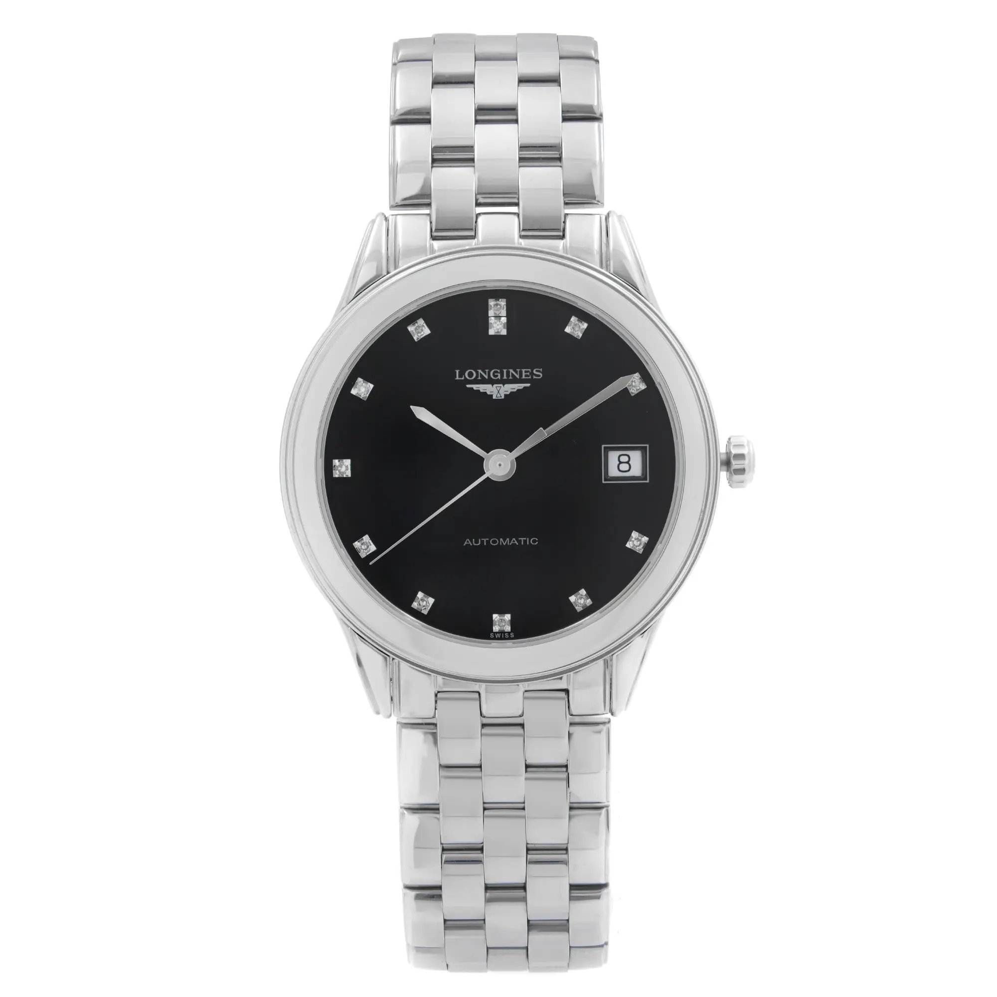 An image of a pre-owned wristwatch shown from a front full frontal view. The watch features a black dial with diamond hour markers, silver-tone hands, and a date display at the 3 o'clock position. It has a stainless steel case and bracelet. The watch is positioned centrally, capturing its details clearly and directly.