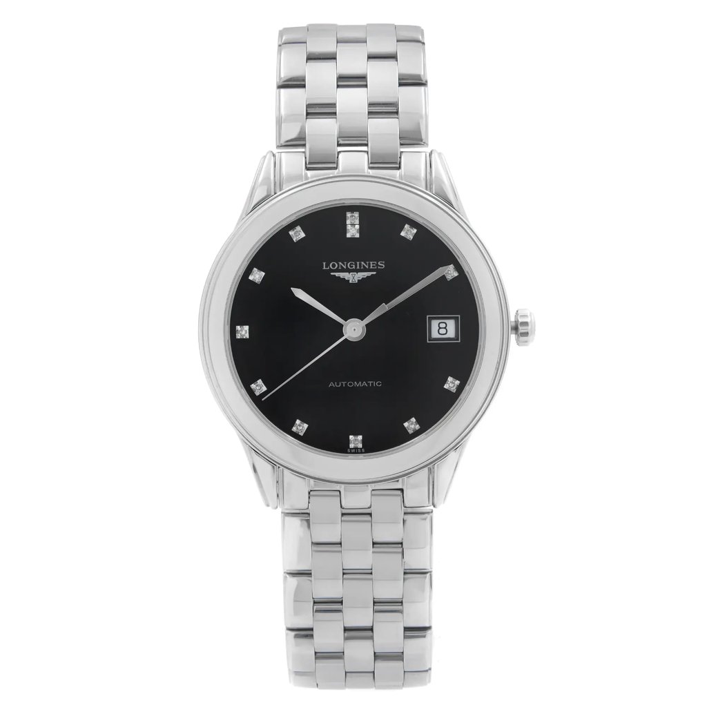 An image of a pre-owned wristwatch shown from a front full frontal view. The watch features a black dial with diamond hour markers, silver-tone hands, and a date display at the 3 o'clock position. It has a stainless steel case and bracelet. The watch is positioned centrally, capturing its details clearly and directly.