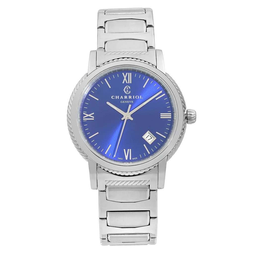 An image of a Wristwatch by Charriol. This Pre Owned item is designed for Men, featuring a Casual style. It has a Quartz movement and an Analog display with a Blue dial color. The indices include 12-Hour Dial,Roman Numerals,Stick Indexes. The band is made of Stainless Steel and the case is made of Stainless Steel. The watch has a Round shape with a case size of 40 mm and a case thickness of 7 mm.