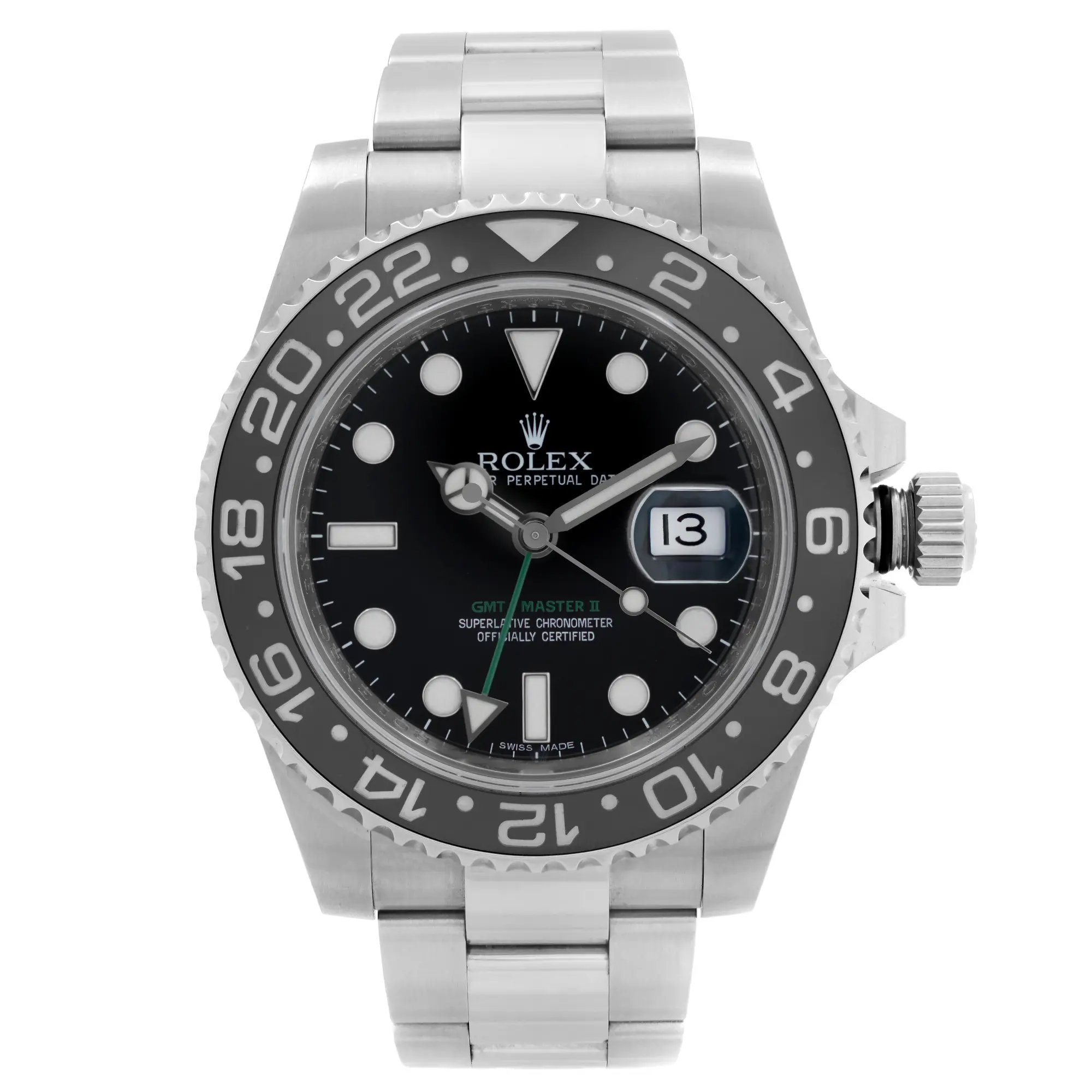 An image of a pre-owned men's luxury Rolex wristwatch, taken from a front full frontal view. The watch features a round shape with a black dial and black bezel. It includes a stainless steel band and case. Notable features include a date indicator, luminous hands, and GMT function. The watch is in good condition.