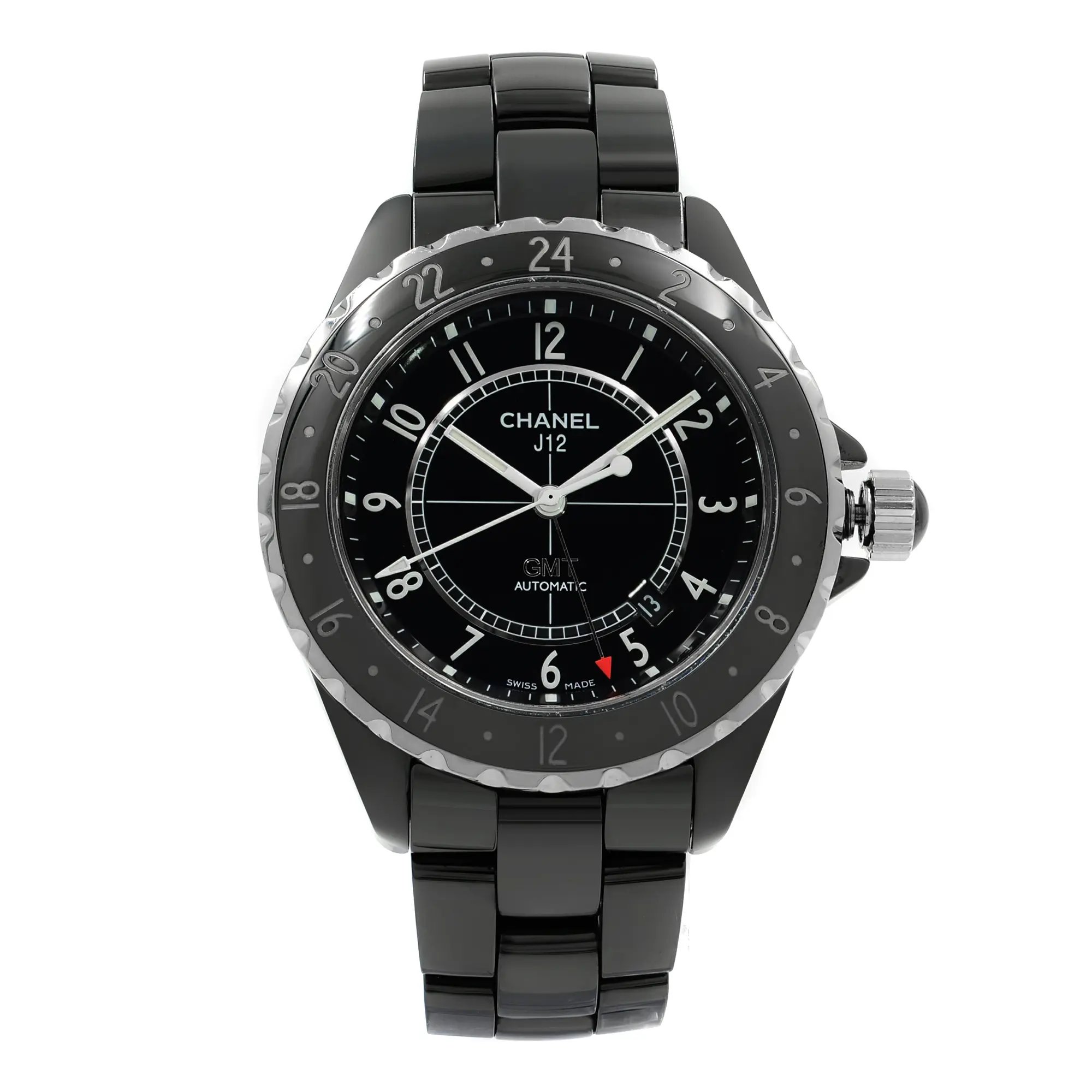 An image of a Wristwatch by CHANEL. This Pre Owned item is designed for Unisex, featuring a Dress/Formal,Luxury style. It has a Mechanical (Automatic) movement and an Analog display with a Black dial color. The indices include Arabic Numerals. The band is made of Ceramic,Stainless Steel and the case is made of Ceramic,Stainless Steel. The watch has a Round shape with a case size of 42 mm and a case thickness of 10 mm.
