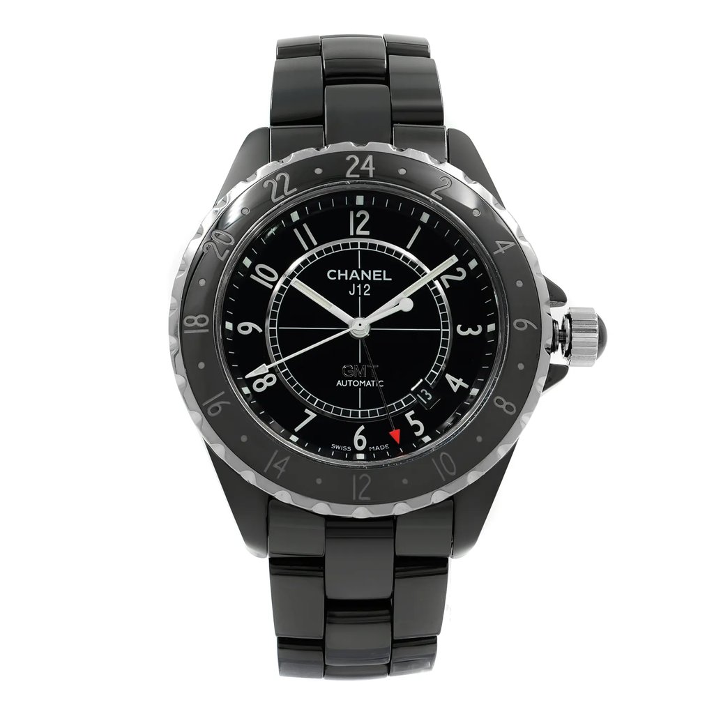 An image of a Wristwatch by CHANEL. This Pre Owned item is designed for Unisex, featuring a Dress/Formal,Luxury style. It has a Mechanical (Automatic) movement and an Analog display with a Black dial color. The indices include Arabic Numerals. The band is made of Ceramic,Stainless Steel and the case is made of Ceramic,Stainless Steel. The watch has a Round shape with a case size of 42 mm and a case thickness of 10 mm.