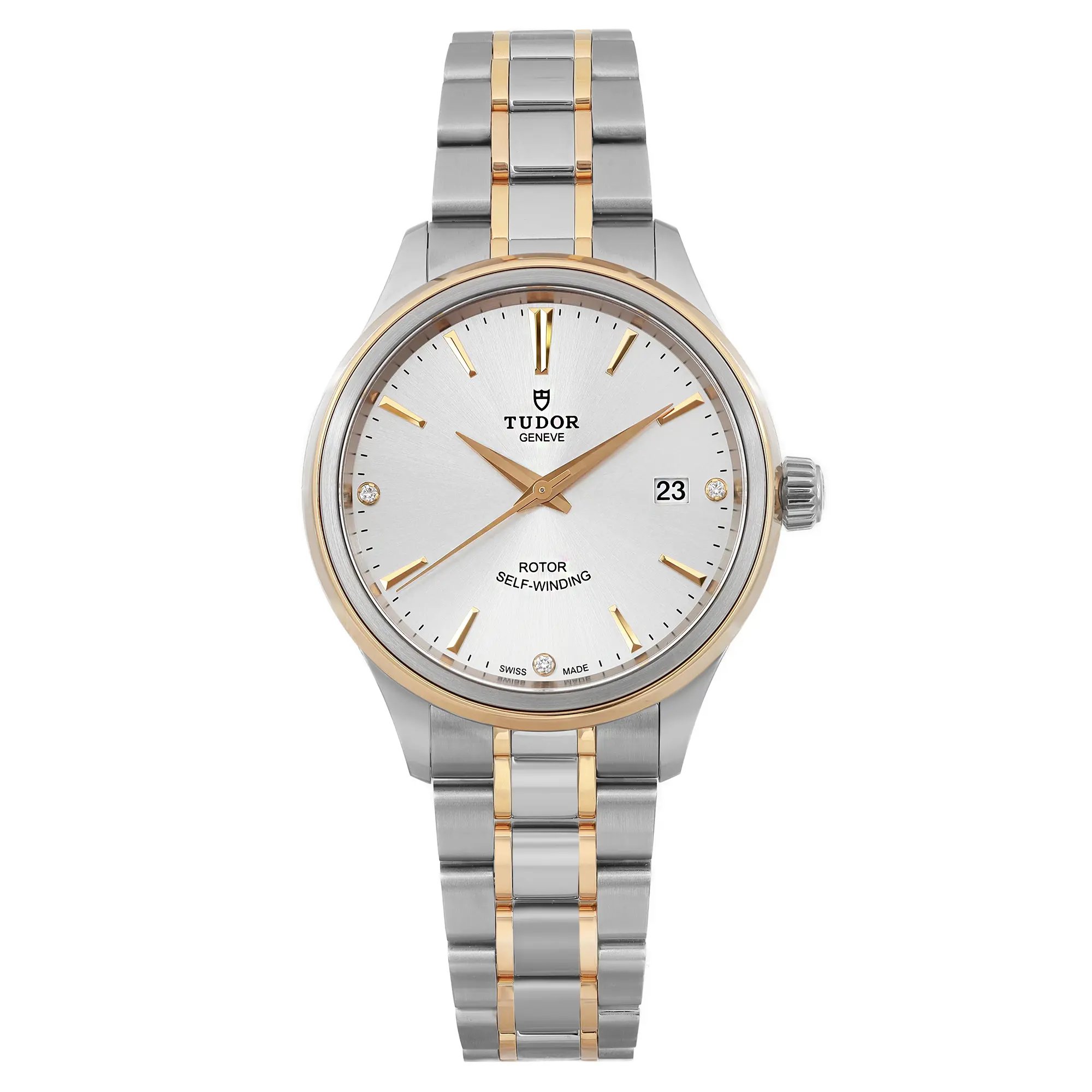 An image of a Tudor Style 38mm men's wristwatch photographed from a straight-on angle at a close distance. The watch features a silver diamond dial with gold hour markers and hands, and a date indicator at the 3 o'clock position. The bezel is gold, and the bracelet is a combination of steel and gold links. The watch is unworn and displays a refined, elegant design.