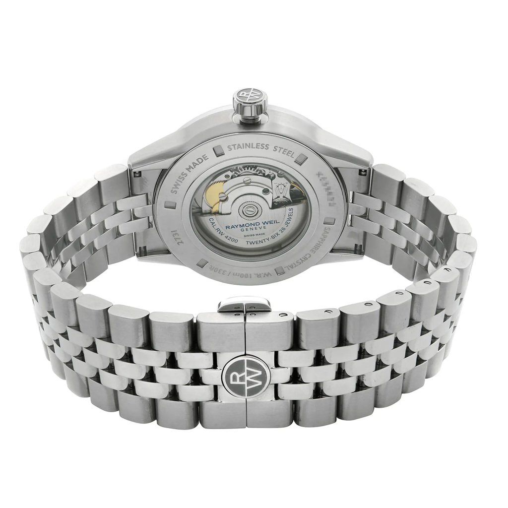 Back View Of Exhibition Back Case And Closed Stainless Steel Band Of RAYMOND WEIL 2731-ST-50001 Watch New Condition