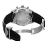 An image of a pre-owned IWC men's wristwatch displayed from the back view with the clasp open. The watch is positioned diagonally across the frame with the top left corner closer to the viewer and the bottom right corner farther away. The screwback case is made of stainless steel and features an engraving, while the round shape of the case is visible from the side. The black leather band connects to a stainless steel deployant closure, partially unfolded.