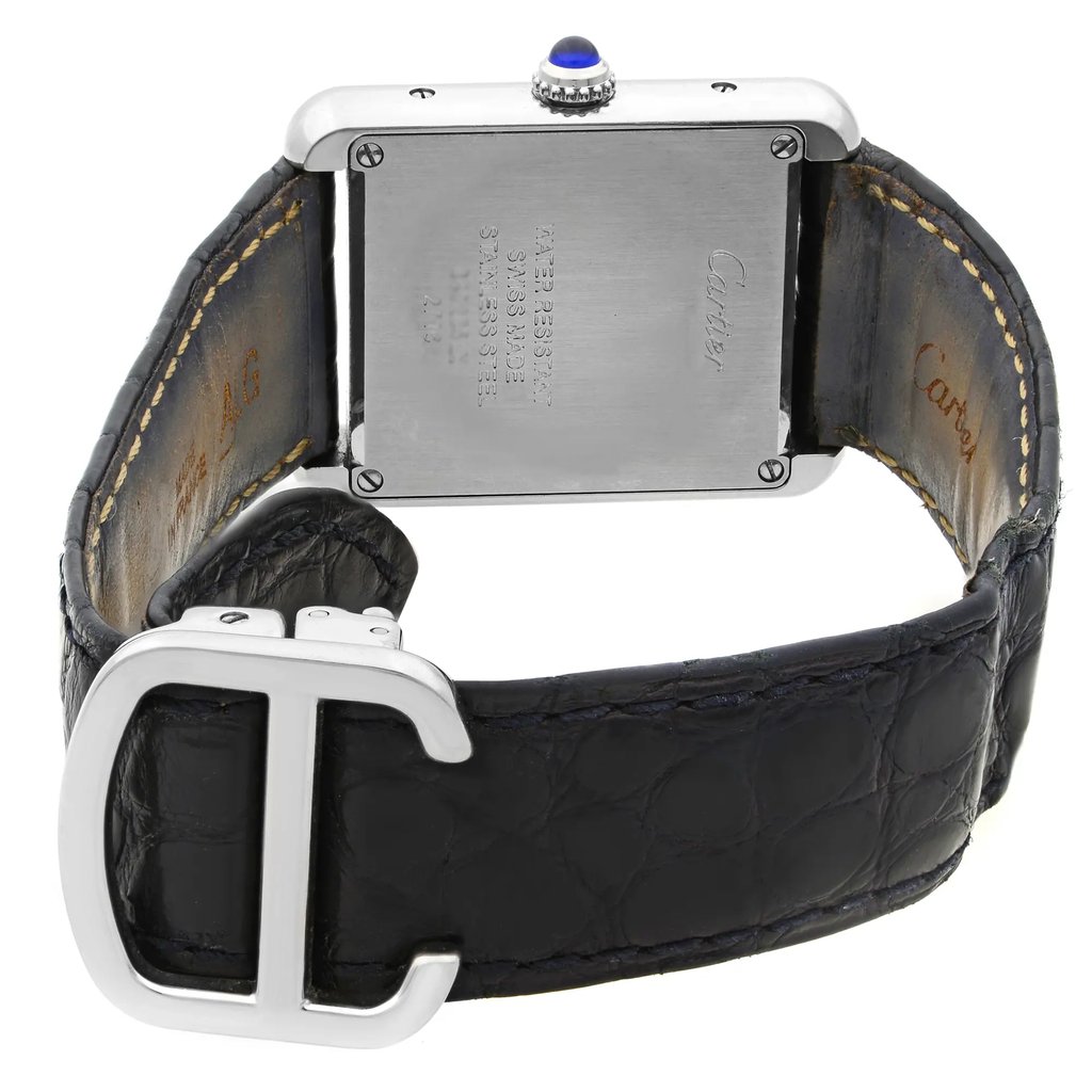 Back View Of Screwback Back Case And Closed Leather Band Of Cartier W5200005 Watch Pre Owned Condition
