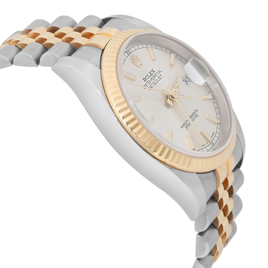 An image of a pre-owned men's Rolex wristwatch taken from an angled side view, showcasing the left side and part of the face. The watch features a two-tone metal bracelet in gold and stainless. The dial is silver with luminous hands and a date indicator at the three o'clock position. The watch is positioned at a slight upward angle, highlighting its elegant design and craftsmanship.
