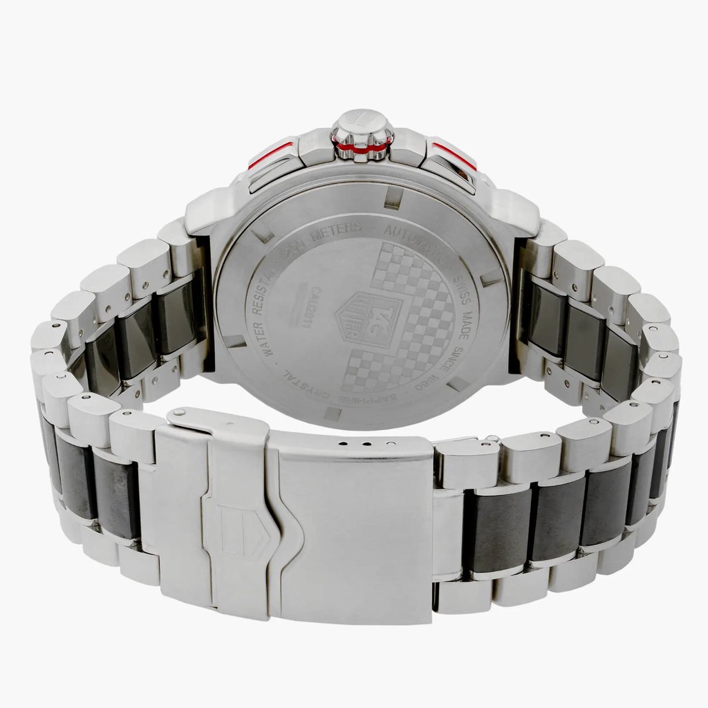 Back View Of Solid Back Case And Closed Stainless Steel Band Of TAG Heuer CAU2011.BA0873 Watch Pre Owned Condition