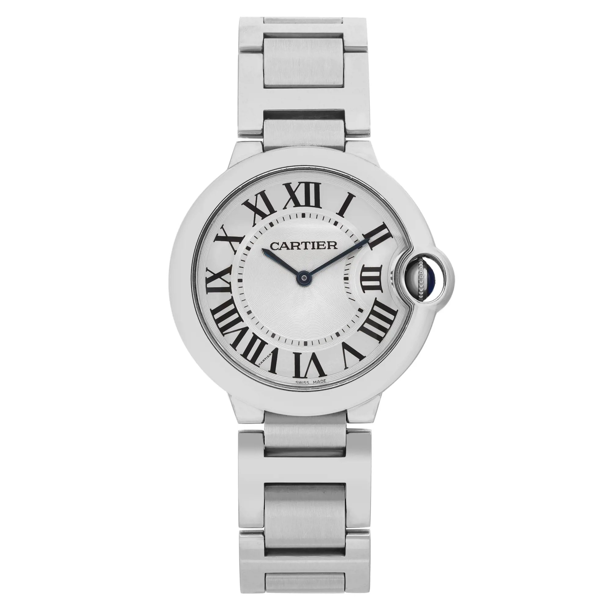 An image of a pre-owned Cartier unisex wristwatch in good condition, presented in a full frontal view. The watch has a round shape with a silvered guilloché dial, gray bezel, and black Roman numeral indices for a 12-hour display. It features a stainless steel band and case, and is styled for dress/formal wear. The watch is positioned centrally and shot from a close distance, with the face and band fully visible and aligned vertically.
Pre-owned and in good condition. Minor scratches on the case and bracelet from normal wear and tear. There is a micro scratch on the crystal visible only under close inspection.