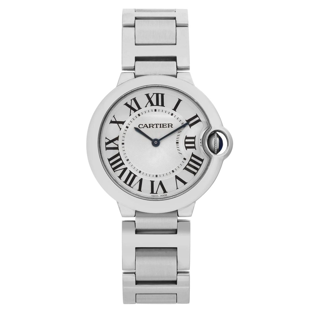 An image of a pre-owned Cartier unisex wristwatch in good condition, presented in a full frontal view. The watch has a round shape with a silvered guilloché dial, gray bezel, and black Roman numeral indices for a 12-hour display. It features a stainless steel band and case, and is styled for dress/formal wear. The watch is positioned centrally and shot from a close distance, with the face and band fully visible and aligned vertically.
Pre-owned and in good condition. Minor scratches on the case and bracelet from normal wear and tear. There is a micro scratch on the crystal visible only under close inspection.