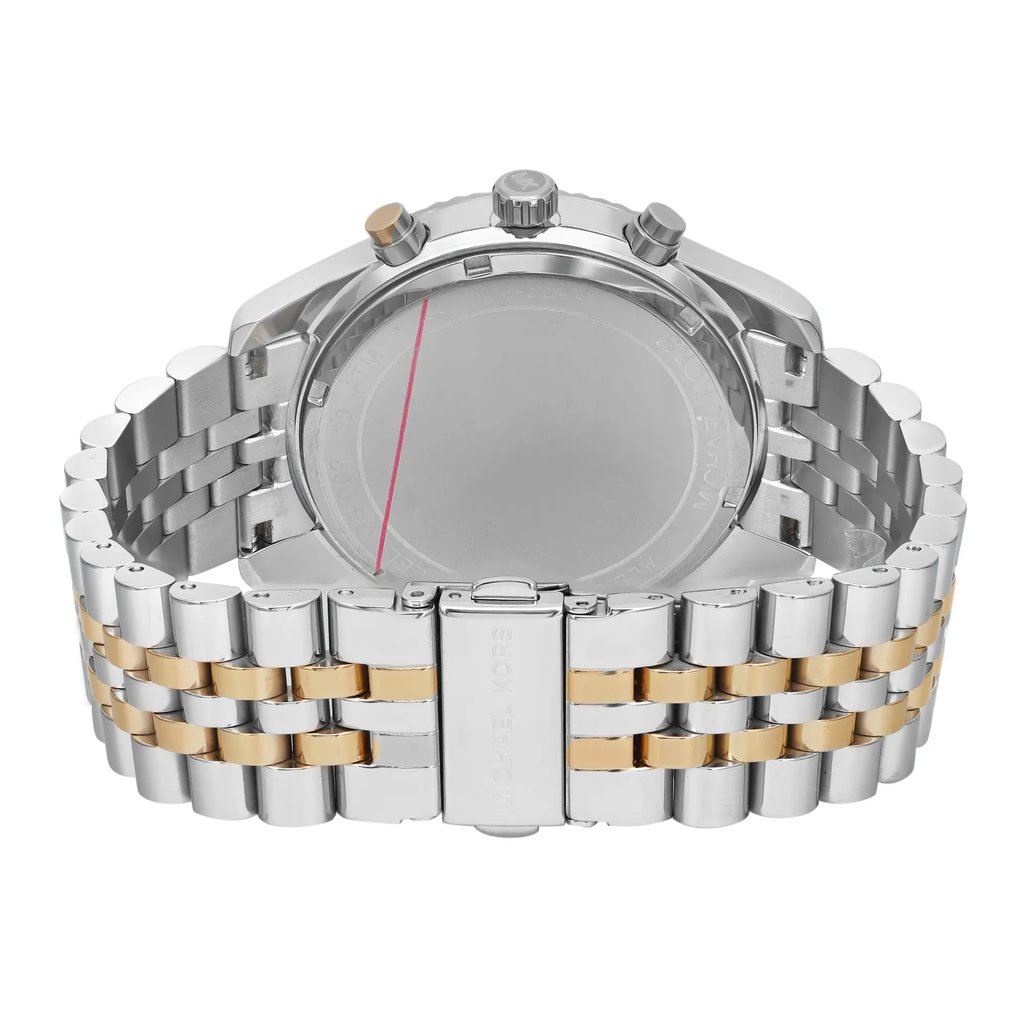 An image of a Wristwatch by Michael Kors. This Display Model item is designed for Men, featuring a Casual style. It has a Quartz movement and an Analog display with a Silver dial color. The indices include 12-Hour Dial,Non-Numeric Hour Marks,Roman Numerals,Seconds Hand. The band is made of Stainless Steel and the case is made of Stainless Steel. The watch has a Round shape with a case size of 45 mm and a case thickness of 12 mm.