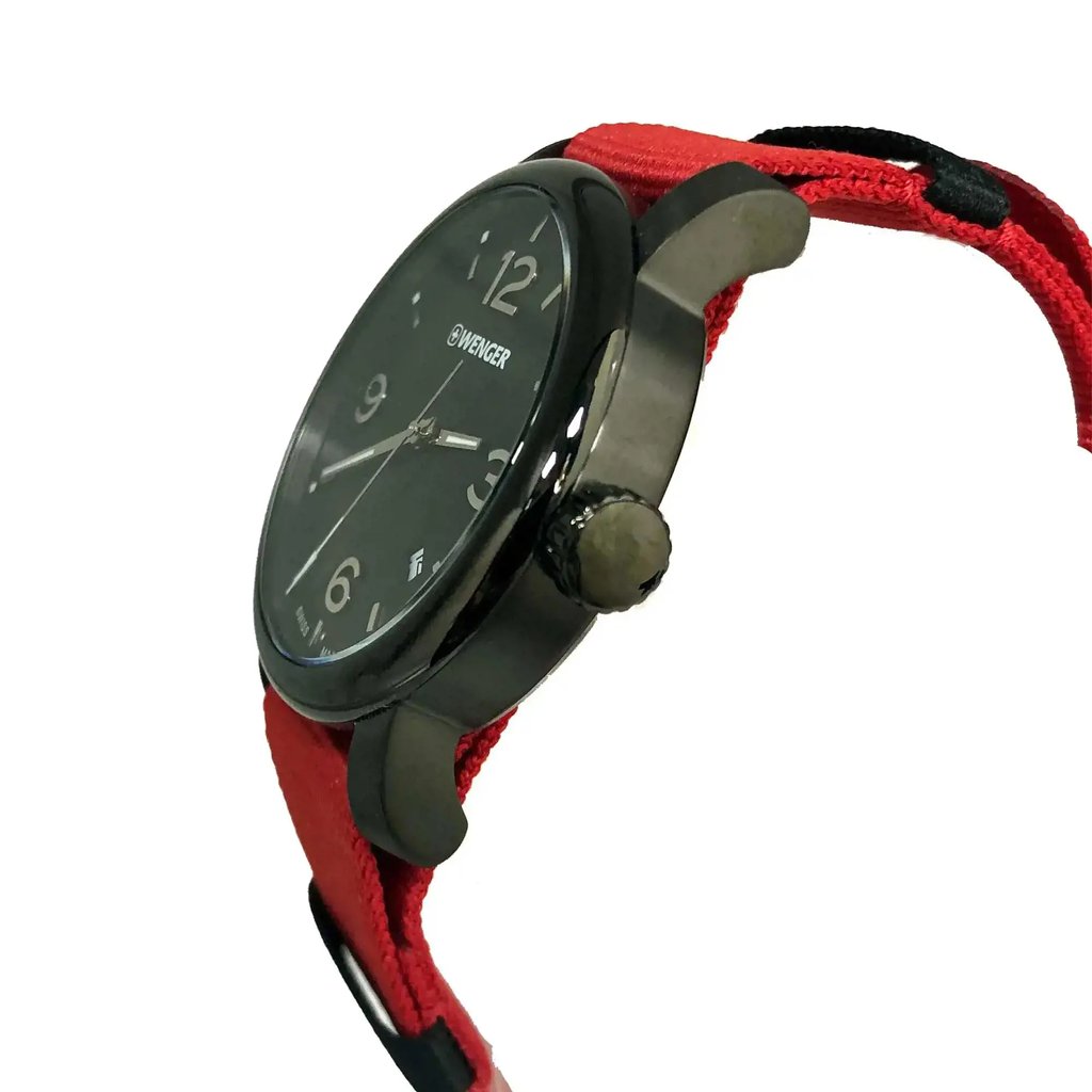 View Of Crown Facing Side Of Wenger 01.1041.132 Stainless Steel Watch Display Model Condition