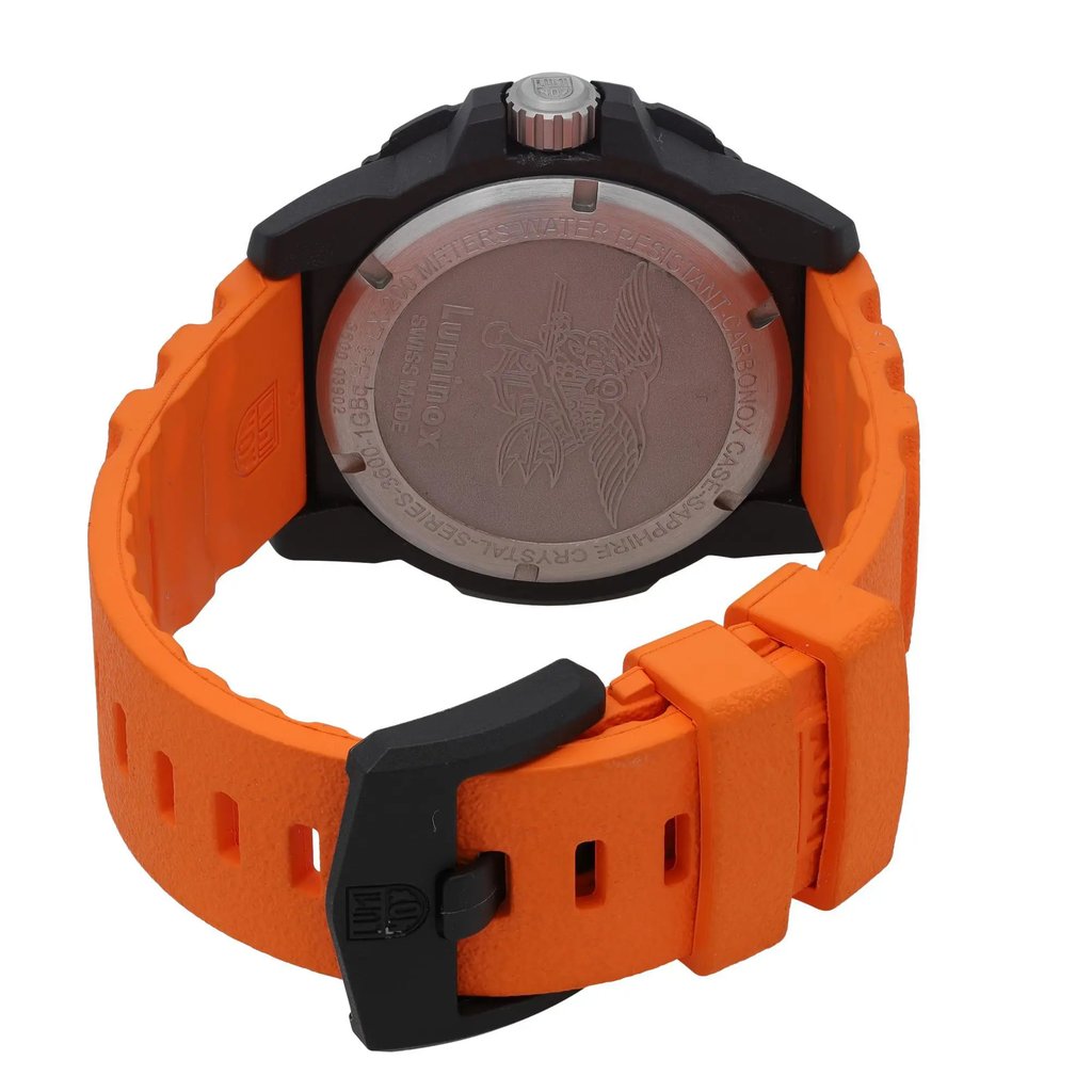 Back View Of Solid Back Case And Closed Rubber Band Of Luminox XS.3603 Watch Pre Owned Condition