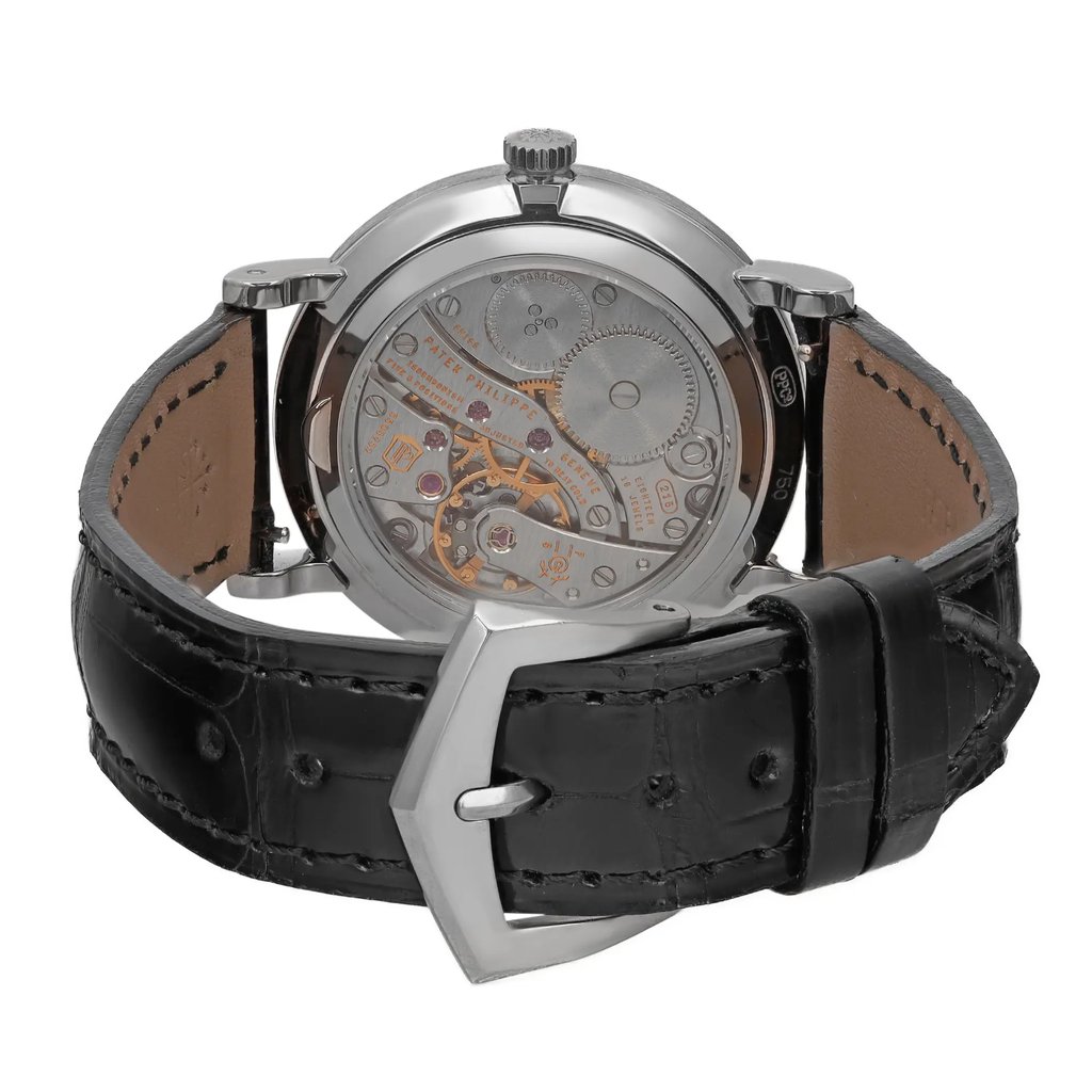 Back View Of Exhibition Back Case And Closed Leather Band Of Patek Philippe 7119G-010 Watch Pre Owned Condition