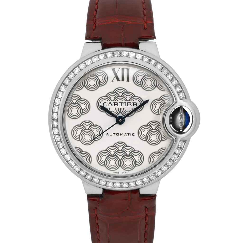 Up Close Front Facing Picture Of Cartier W4BB0027 Stainless Steel Watch Pre Owned Condition