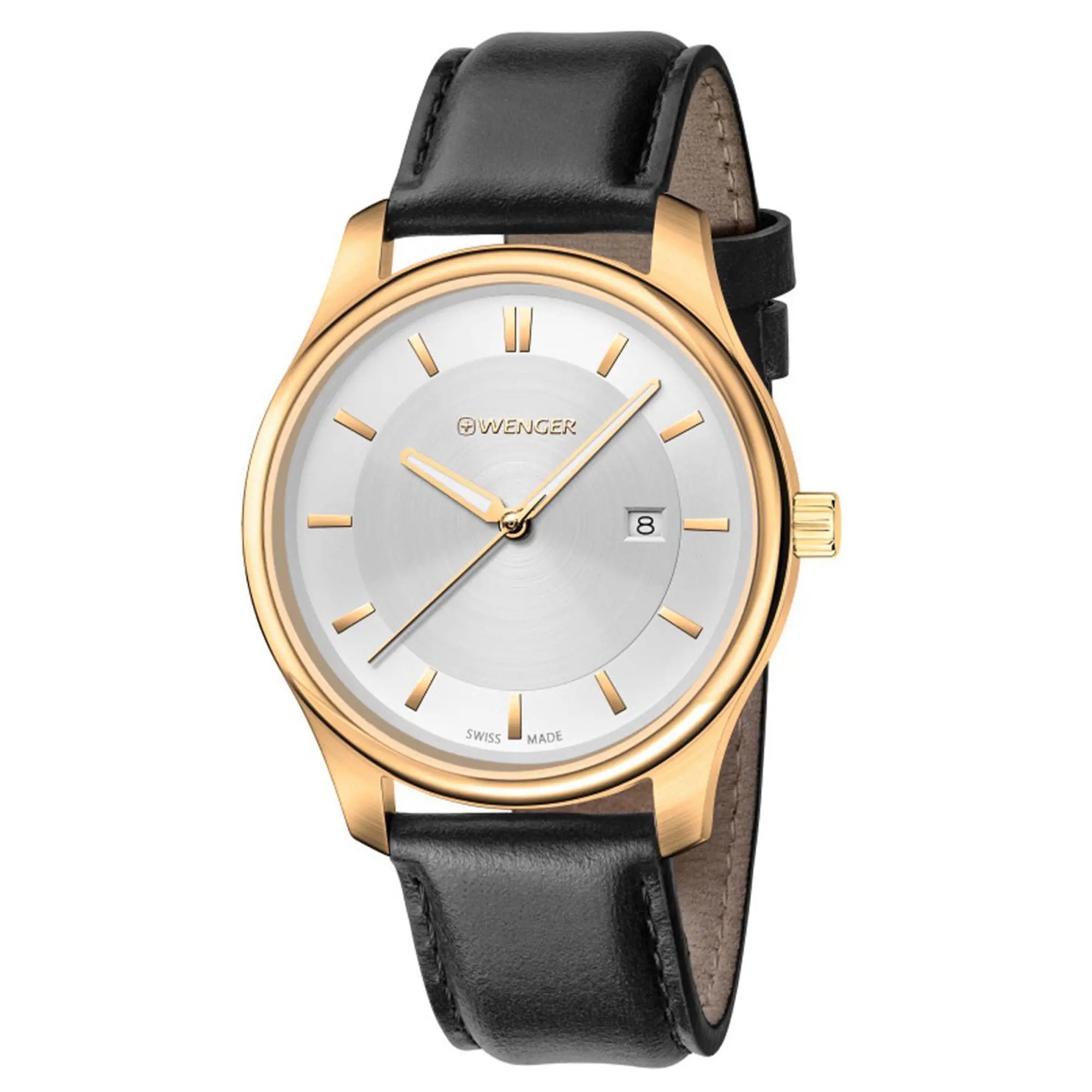An image of a Wristwatch by Wenger. This Display Model item is designed for Women, featuring a Casual style. It has a Quartz movement and an Analog display with a Silver dial color. The indices include 12-Hour Dial,Stick Indexes. The band is made of Leather and the case is made of Stainless Steel. The watch has a Round shape with a case size of 34 mm and a case thickness of 8 mm.