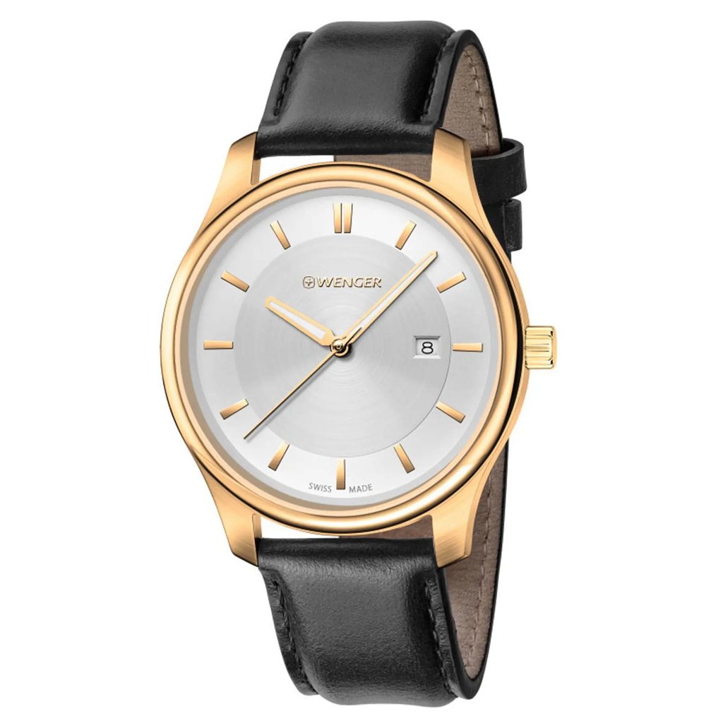 An image of a Wristwatch by Wenger. This Display Model item is designed for Women, featuring a Casual style. It has a Quartz movement and an Analog display with a Silver dial color. The indices include 12-Hour Dial,Stick Indexes. The band is made of Leather and the case is made of Stainless Steel. The watch has a Round shape with a case size of 34 mm and a case thickness of 8 mm.