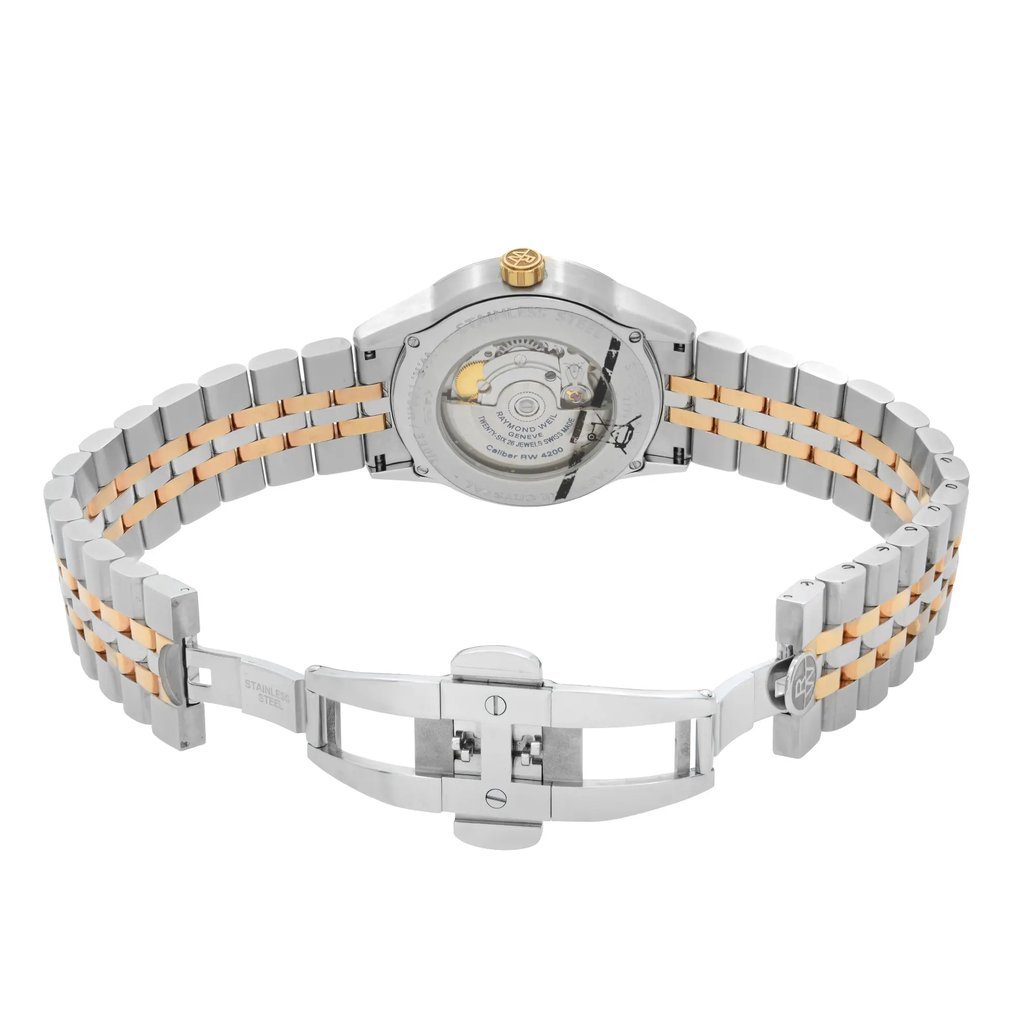 Back View Of Exhibition Back Case And Open Stainless Steel Band Of RAYMOND WEIL 2770-SP5-65011 Watch Unworn Condition