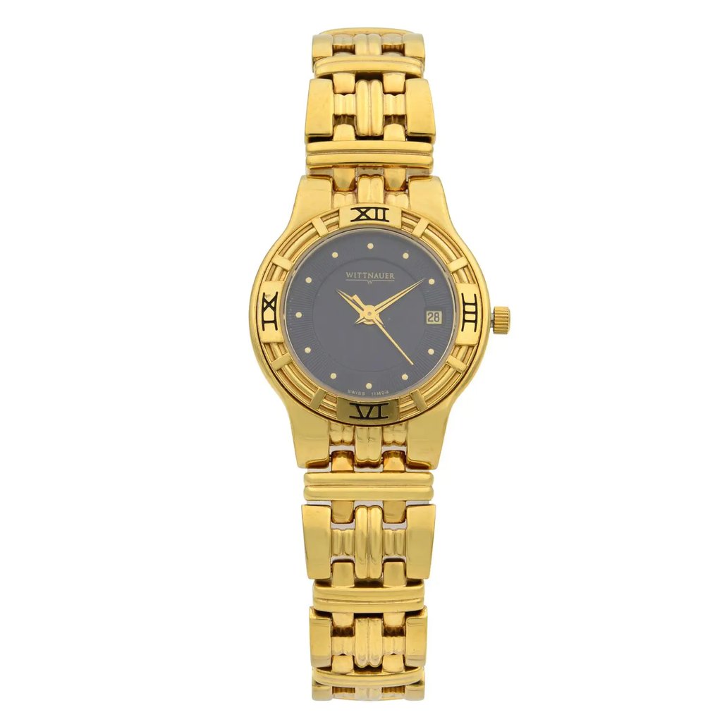 An image of a Wristwatch by Wittnauer. This Pre Owned item is designed for Women, featuring a Casual style. It has a Quartz movement and an Analog display with a Black dial color. The indices include Dots. The band is made of Gold Plated,Stainless Steel and the case is made of Gold Plated,Stainless Steel. The watch has a Round shape with a case size of 25 mm and a case thickness of 6 mm.