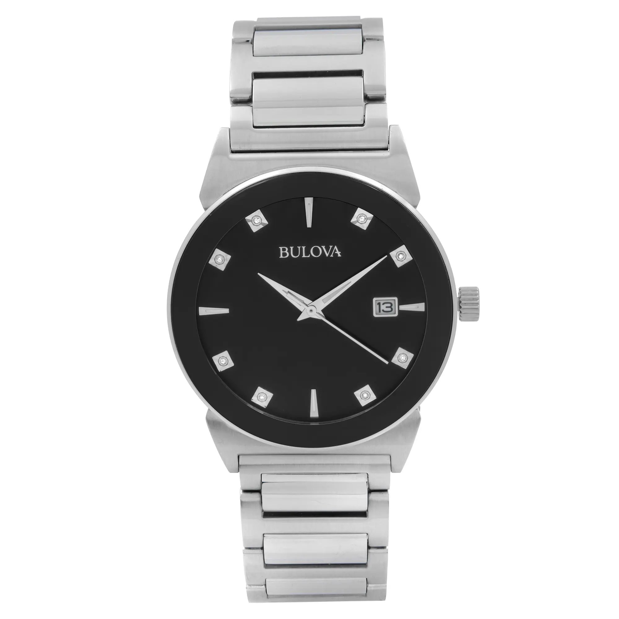 An image of a Wristwatch by Bulova. This Display Model item is designed for Men, featuring a Casual style. It has a Quartz movement and an Analog display with a Black dial color. The indices include 12-Hour Dial,Non-Numeric Hour Marks. The band is made of Stainless Steel and the case is made of Stainless Steel. The watch has a Round shape with a case size of 40 mm and a case thickness of 9 mm.