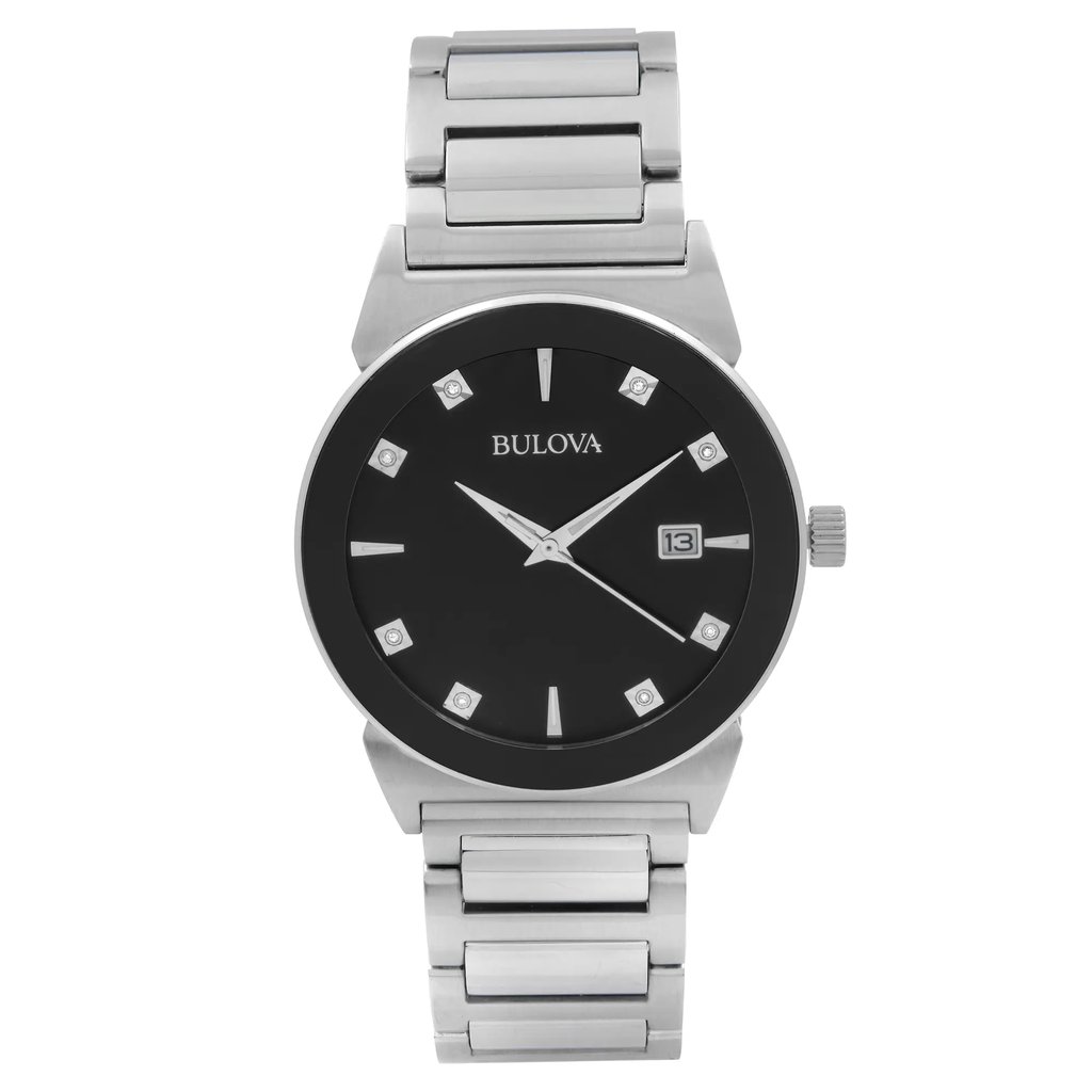 An image of a Wristwatch by Bulova. This Display Model item is designed for Men, featuring a Casual style. It has a Quartz movement and an Analog display with a Black dial color. The indices include 12-Hour Dial,Non-Numeric Hour Marks. The band is made of Stainless Steel and the case is made of Stainless Steel. The watch has a Round shape with a case size of 40 mm and a case thickness of 9 mm.
