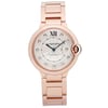 An image of a pre-owned Cartier women's wristwatch in excellent condition. The watch is captured from a full frontal view, positioned centrally and shown up close. It features a round rose gold case and band with a silver dial. The bezel is also rose gold, and the dial boasts diamond markers and Roman numerals at the XII position. The watch hands are visible and the word "CARTIER" is prominent at the top of the dial with "AUTOMATIC" below.